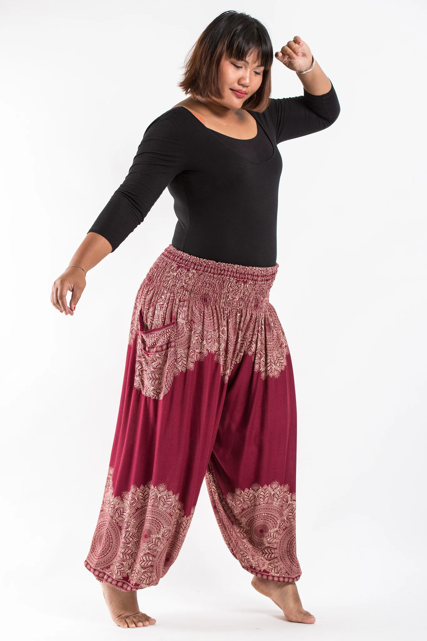Plus Size Floral Mandalas Women's Harem Pants in Red