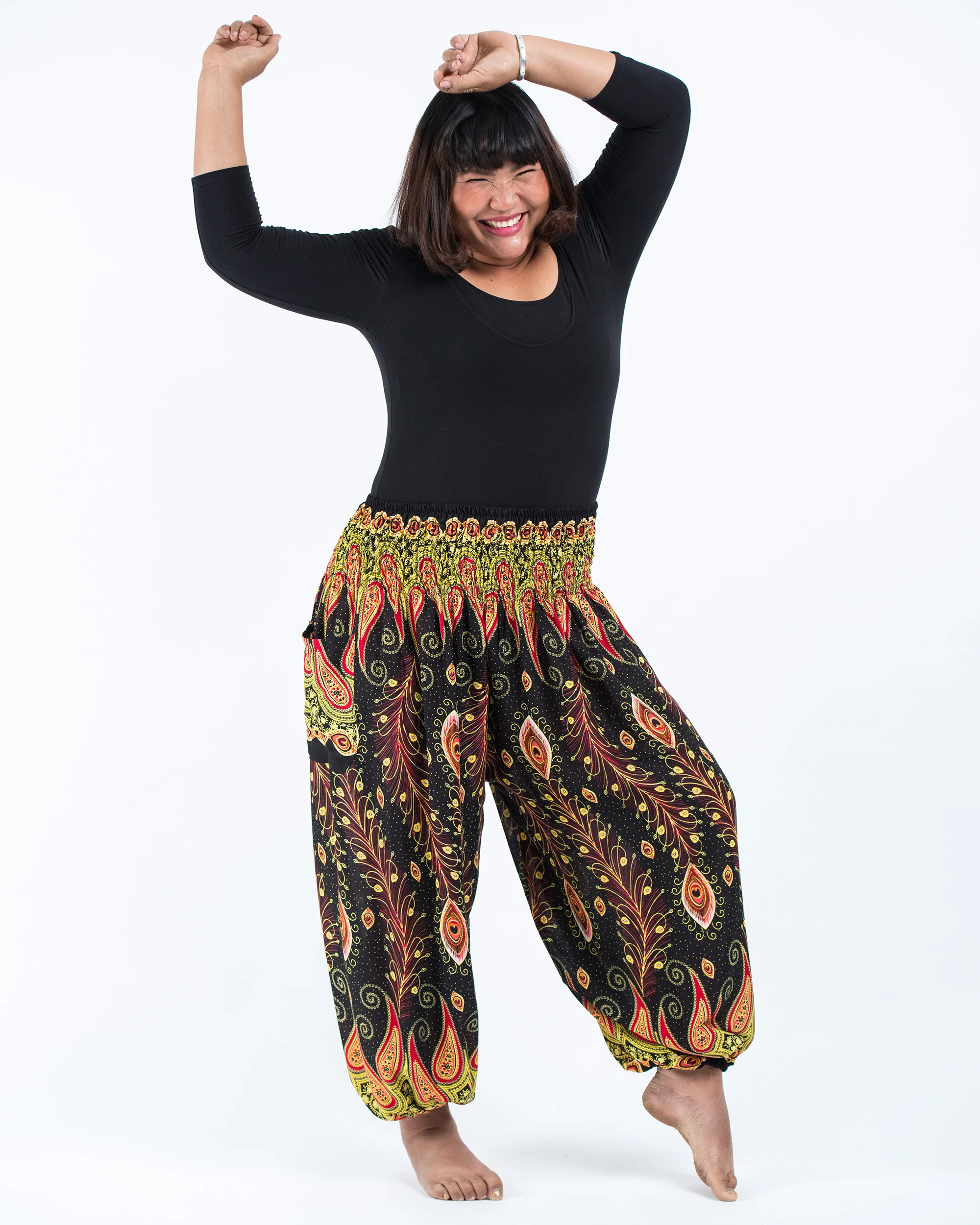 Plus Size Peacock Paisley Women's Harem Pants in Black
