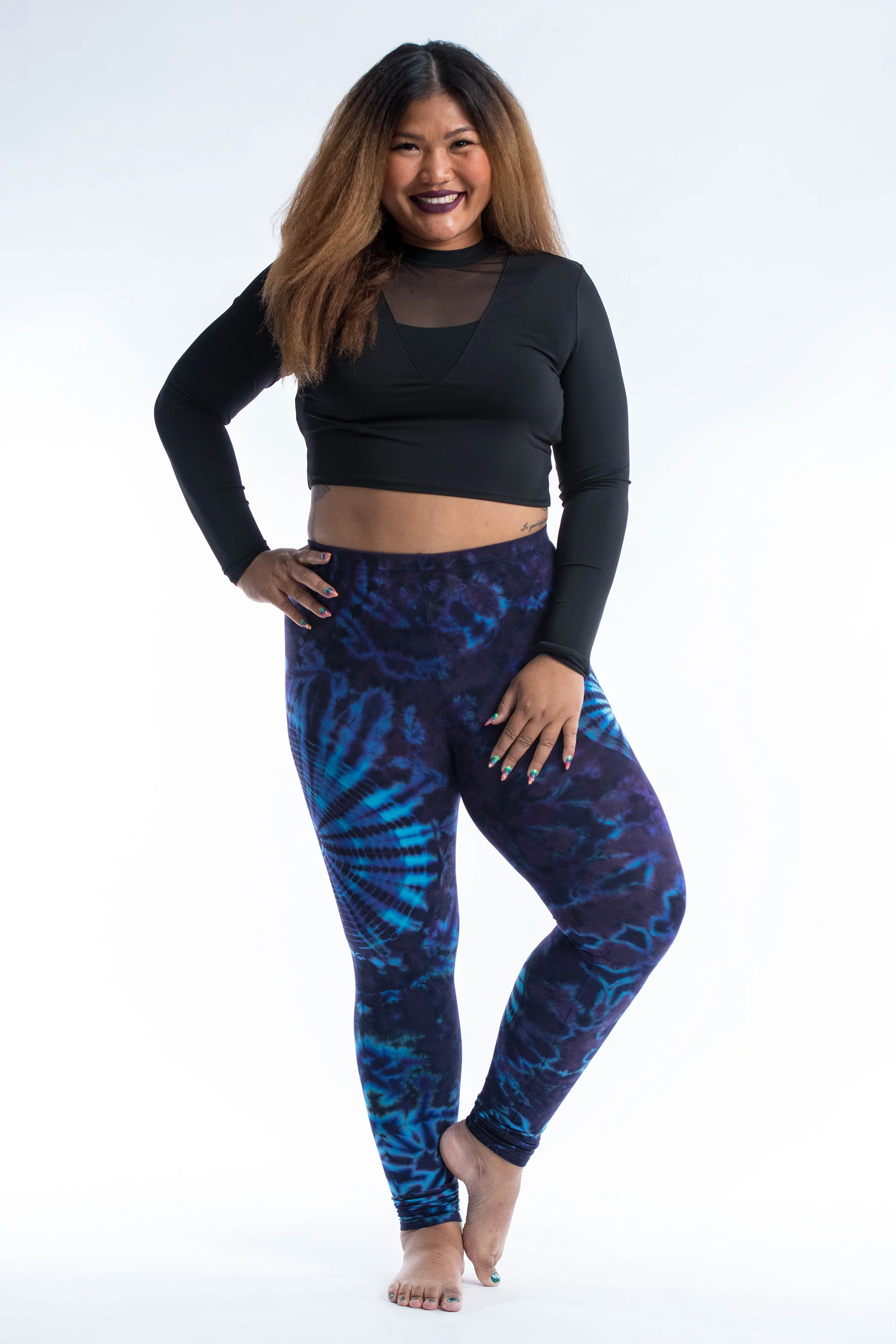 Plus Size Swirls Tie Dye Cotton Leggings in Indigo