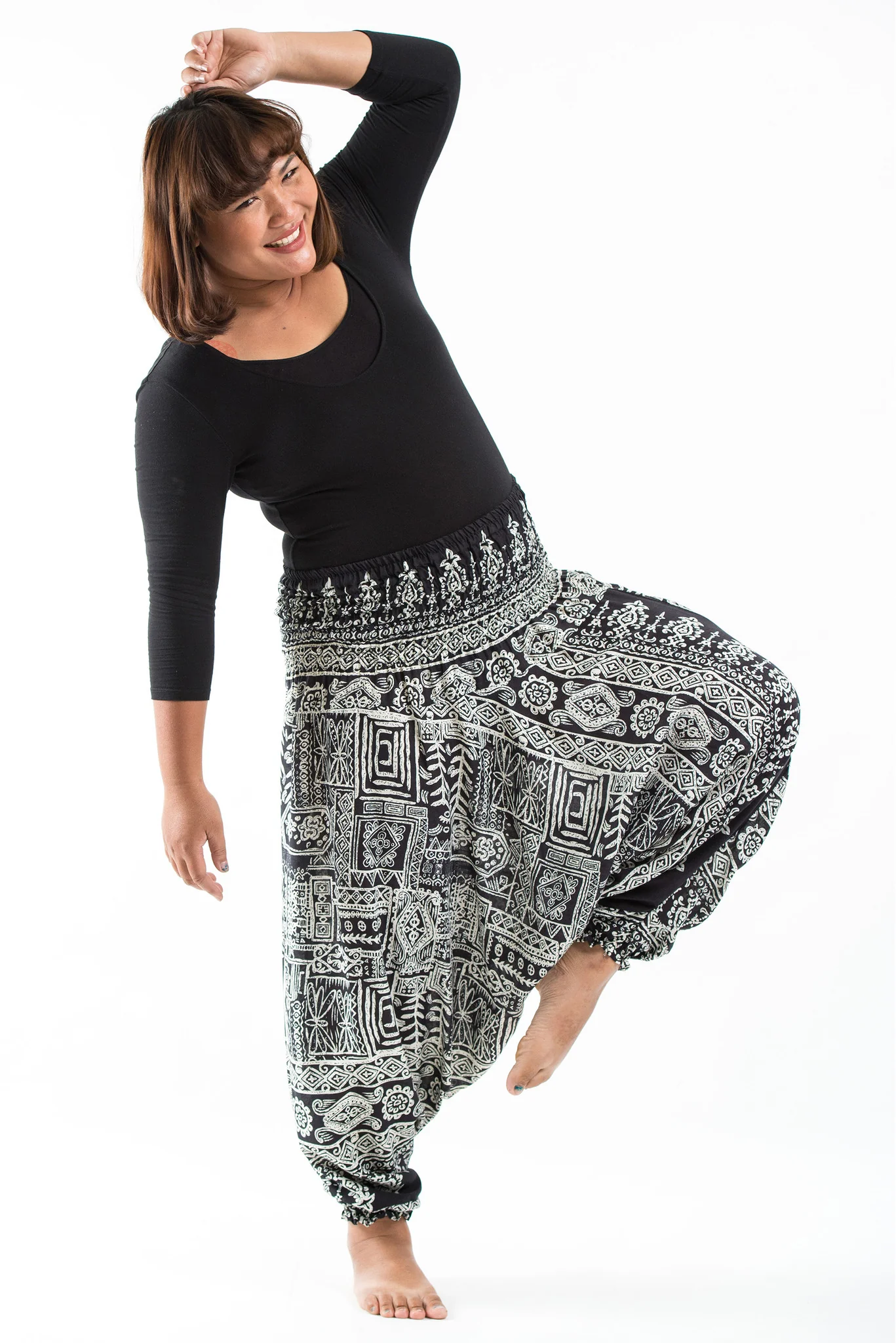 Plus Size Tribal Prints 2-in-1 Jumpsuit Harem Pants in Black