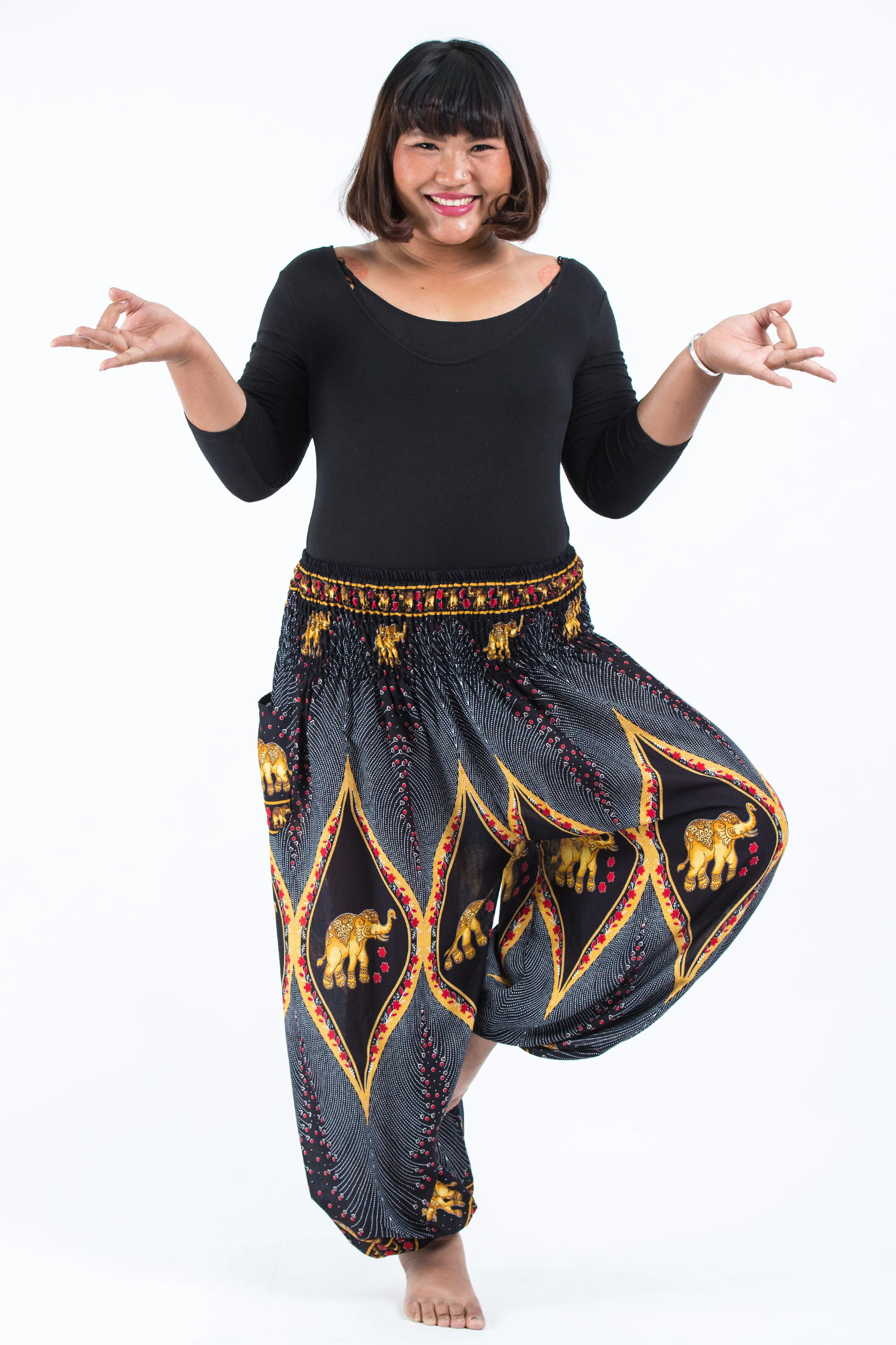 Plus Size Peacock Elephant Women's Elephant Pants in Black