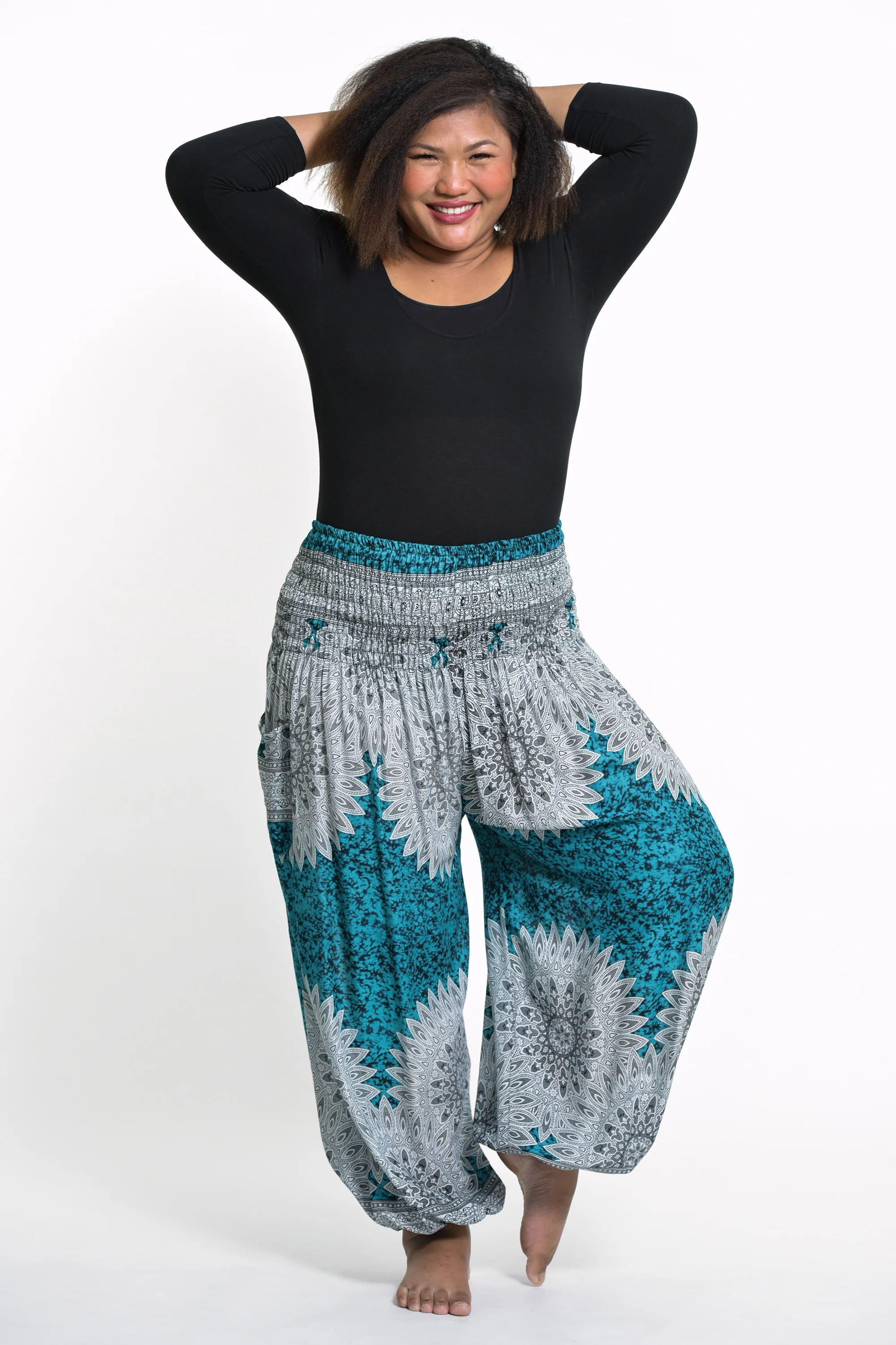 Plus Size Marble Mandalas Women's Harem Pants in Turquoise