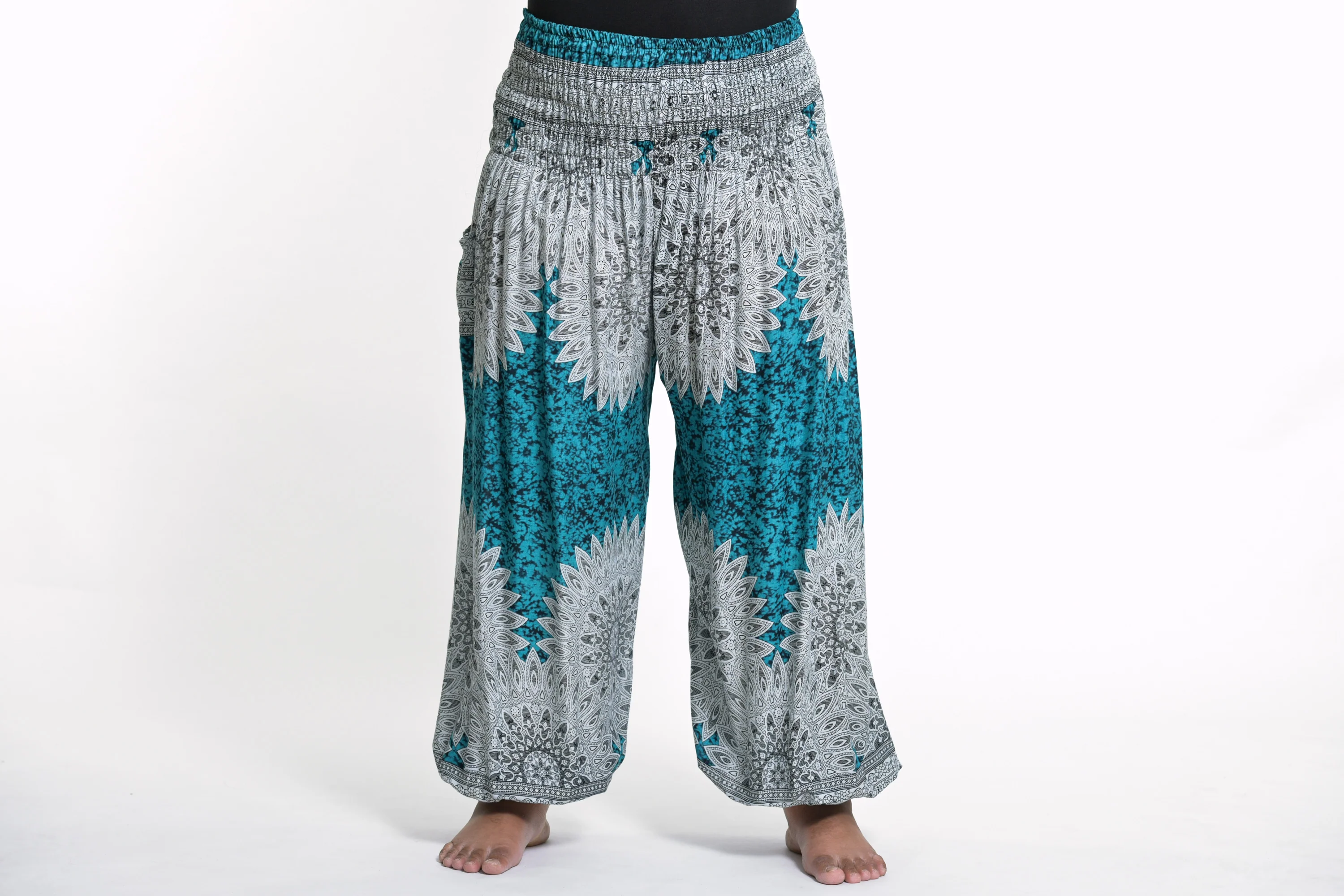 Plus Size Marble Mandalas Women's Harem Pants in Turquoise