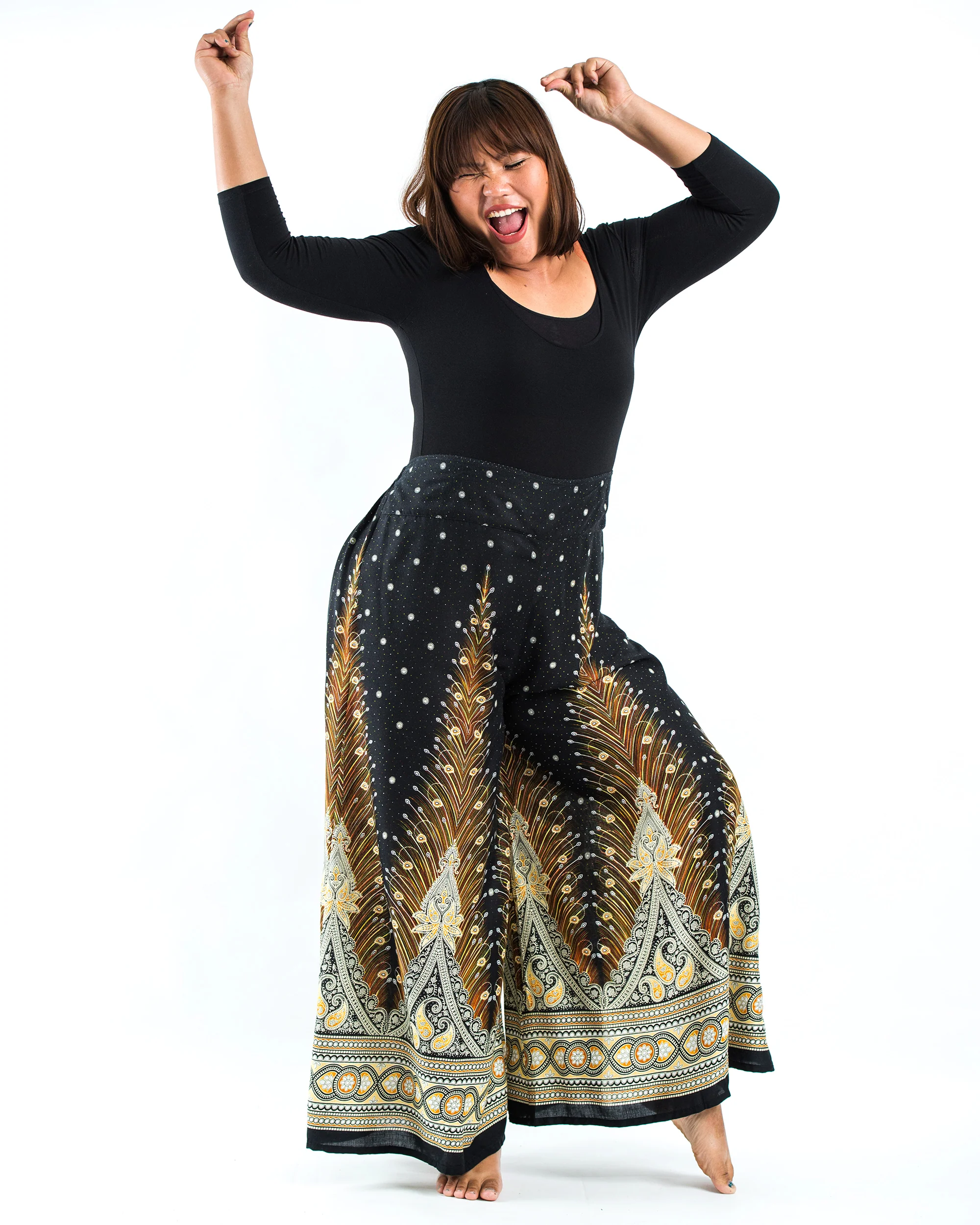 Plus Size Peacock Feathers Palazzo Style Harem Pants in Black