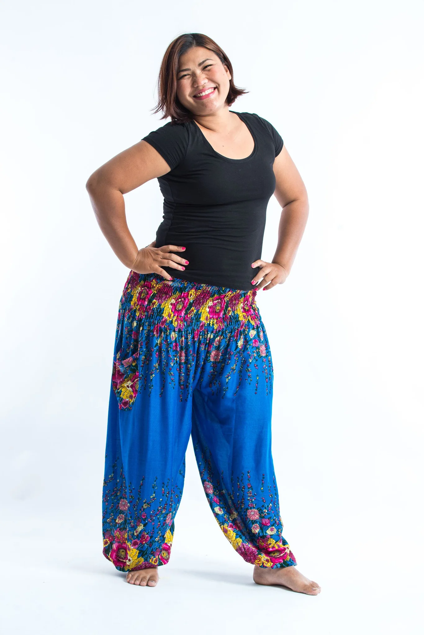 Plus Size Floral Women's Harem Pants in Ocean Blue