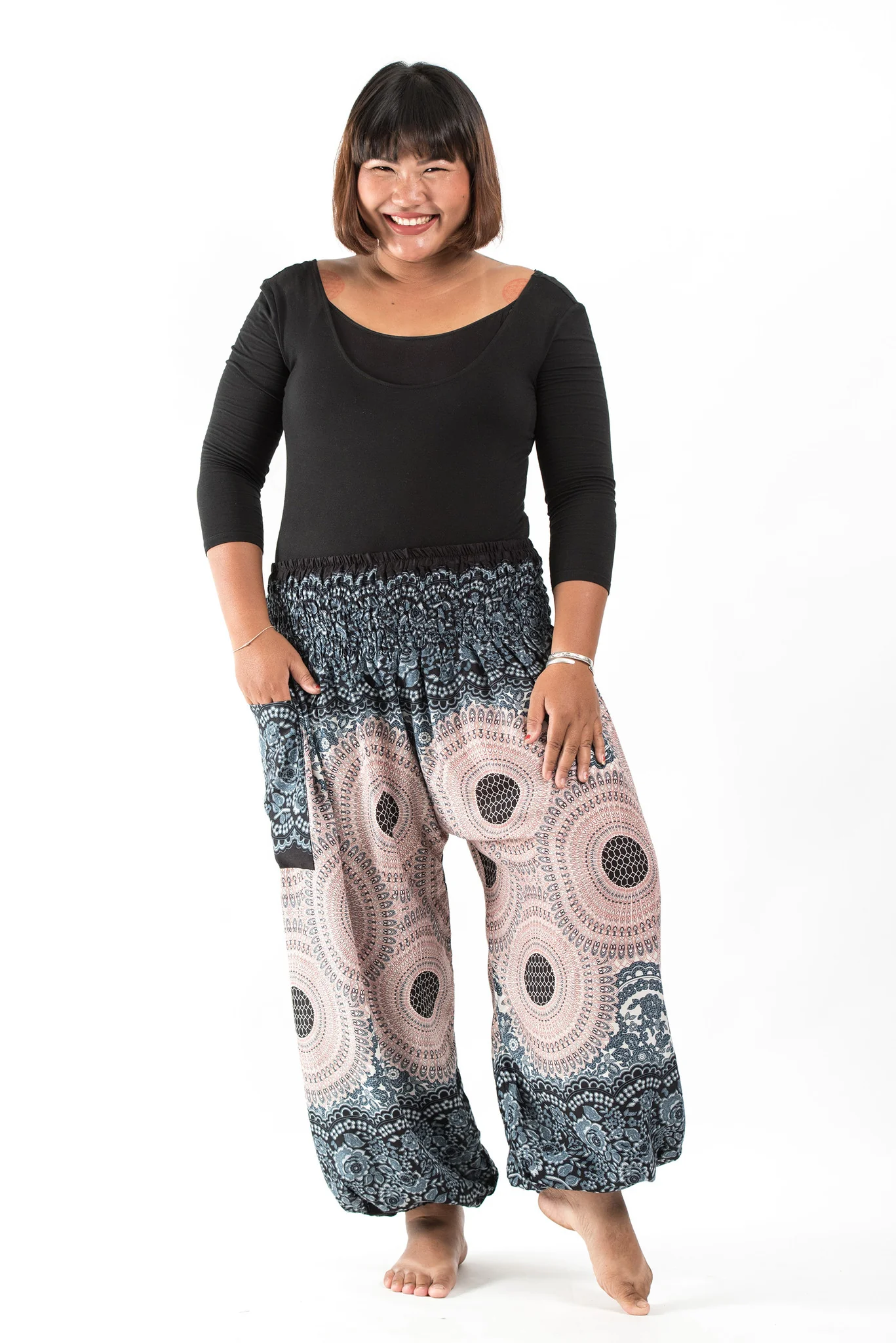Plus Size Geometric Mandalas Women's Harem Pants in Silver Gray