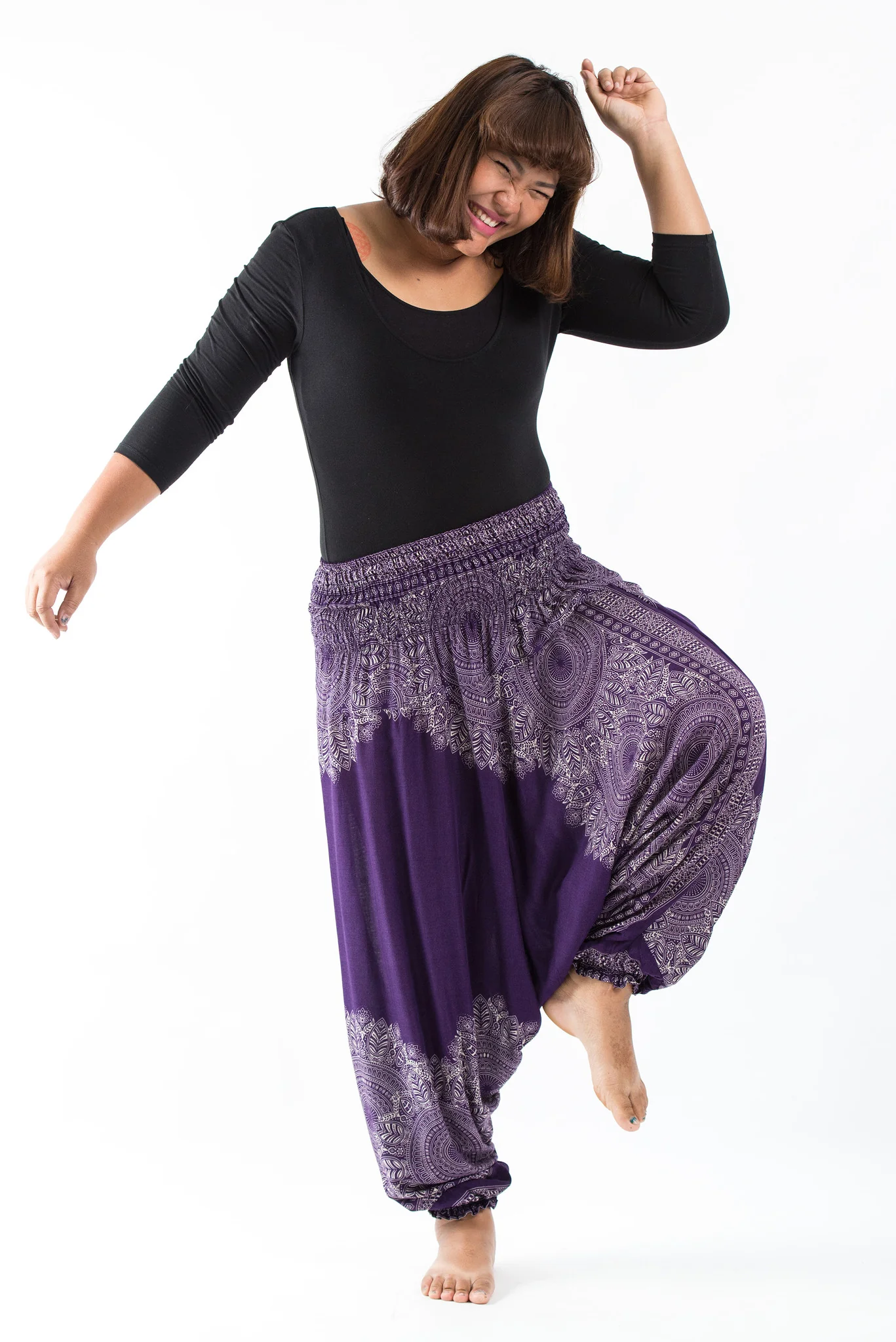 Plus Size Floral Mandalas 2-in-1 Jumpsuit Harem Pants in Purple