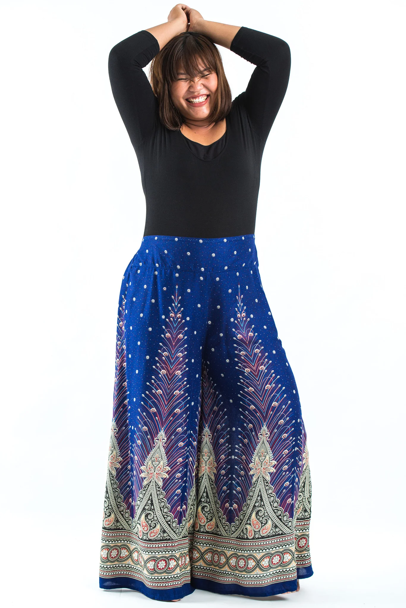 Plus Size Peacock Feathers Palazzo Style Harem Pants in Blue