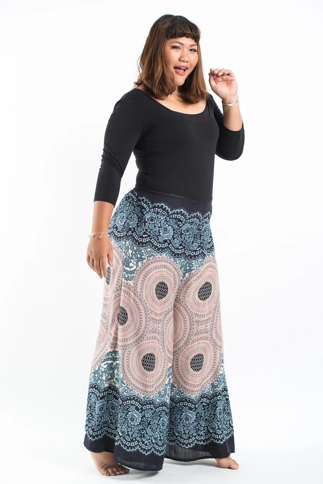 Plus Size Geometric Mandalas Palazzo Style Harem Pants in Silver Gray