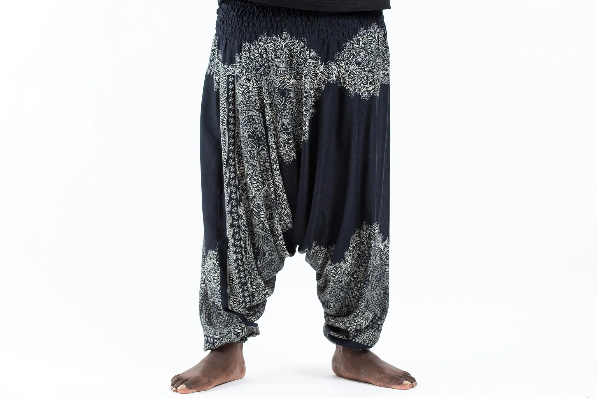 2431-Plus-Size-Floral-Mandalas-Drop-Crotch-Men-s-Harem-Pants-in-Black-2.webp Plus Size Floral Mandalas Drop Crotch Men's Harem Pants in Black