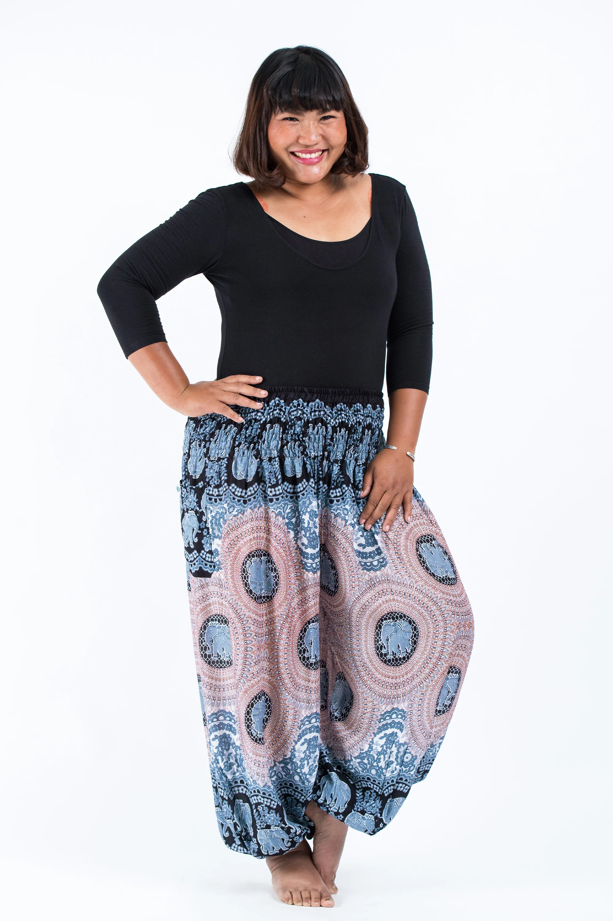Plus Size Mandala Elephant Women's Elephant Pants in Silver Gray