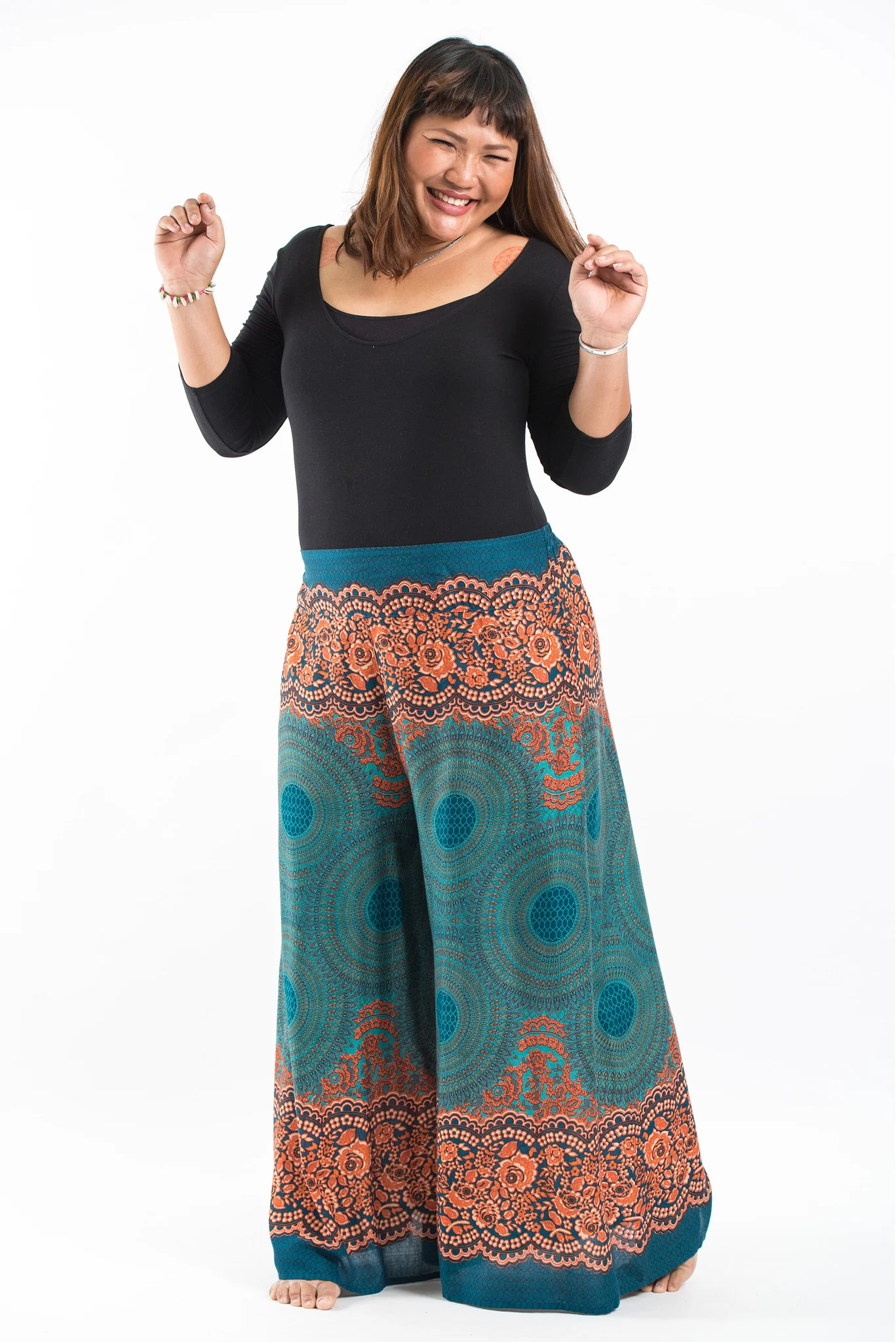 Plus Size Geometric Mandalas Palazzo Style Harem Pants in Turquoise