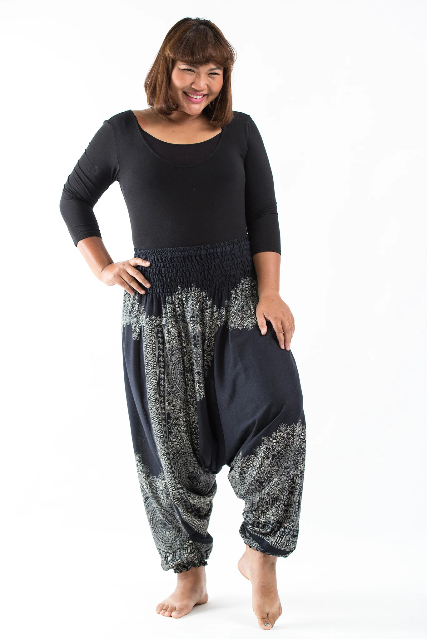 Plus Size Floral Mandalas 2-in-1 Jumpsuit Harem Pants in Black