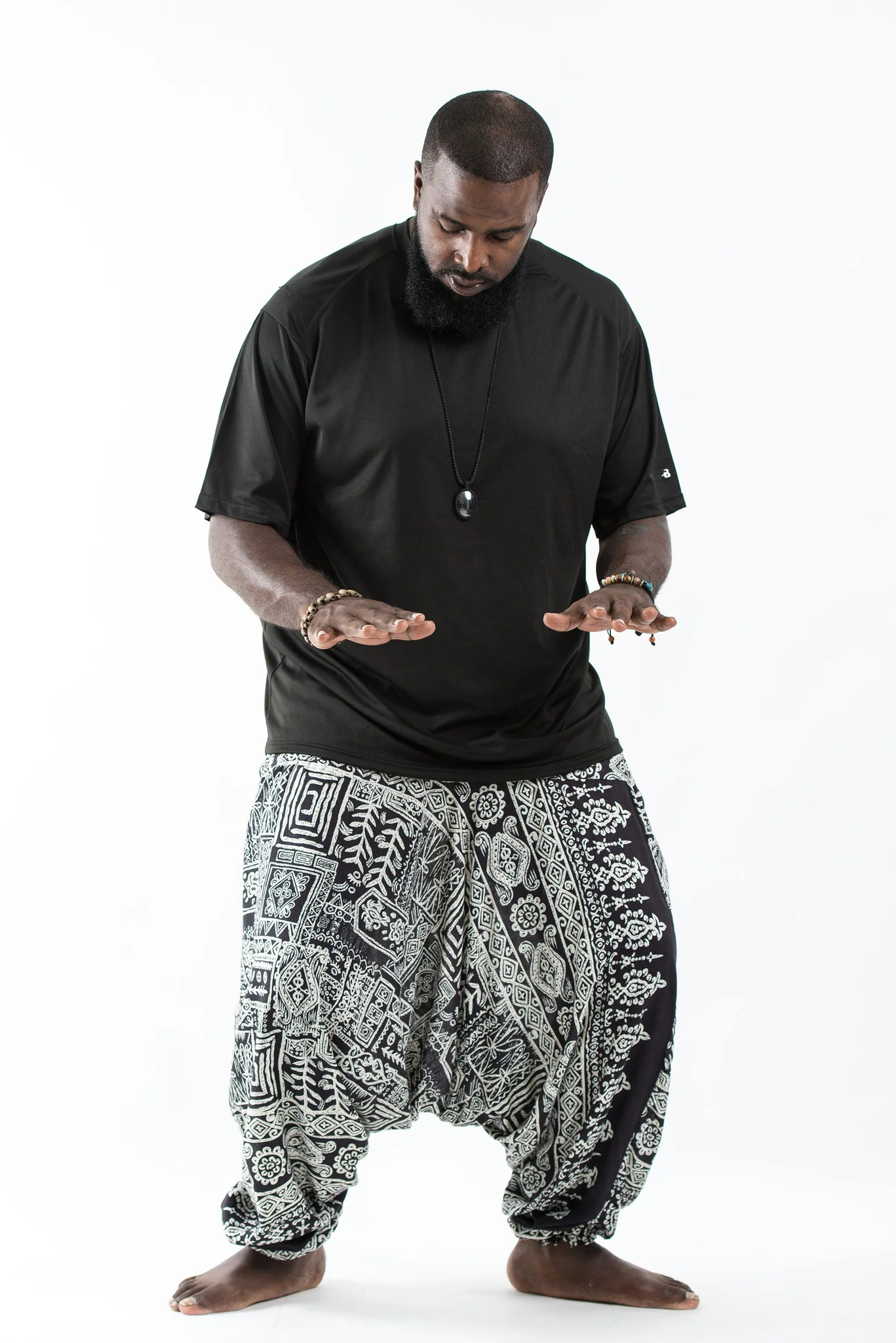 Plus Size Tribal Prints Drop Crotch Men's Harem Pants in Black