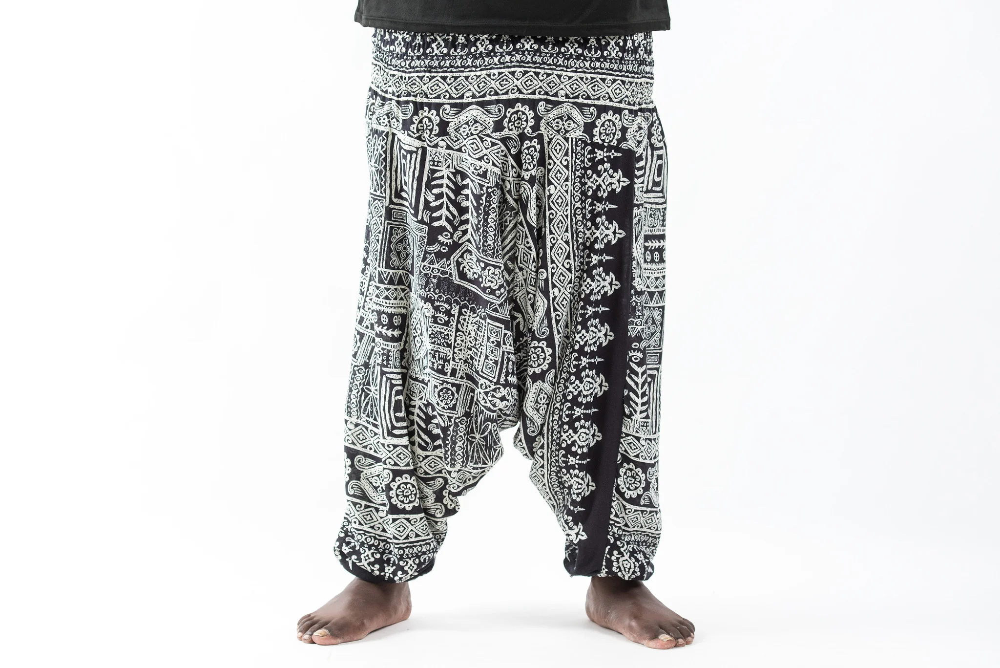 2436-Plus-Size-Tribal-Prints-Drop-Crotch-Men-s-Harem-Pants-in-Black-2.webp Plus Size Tribal Prints Drop Crotch Men's Harem Pants in Black