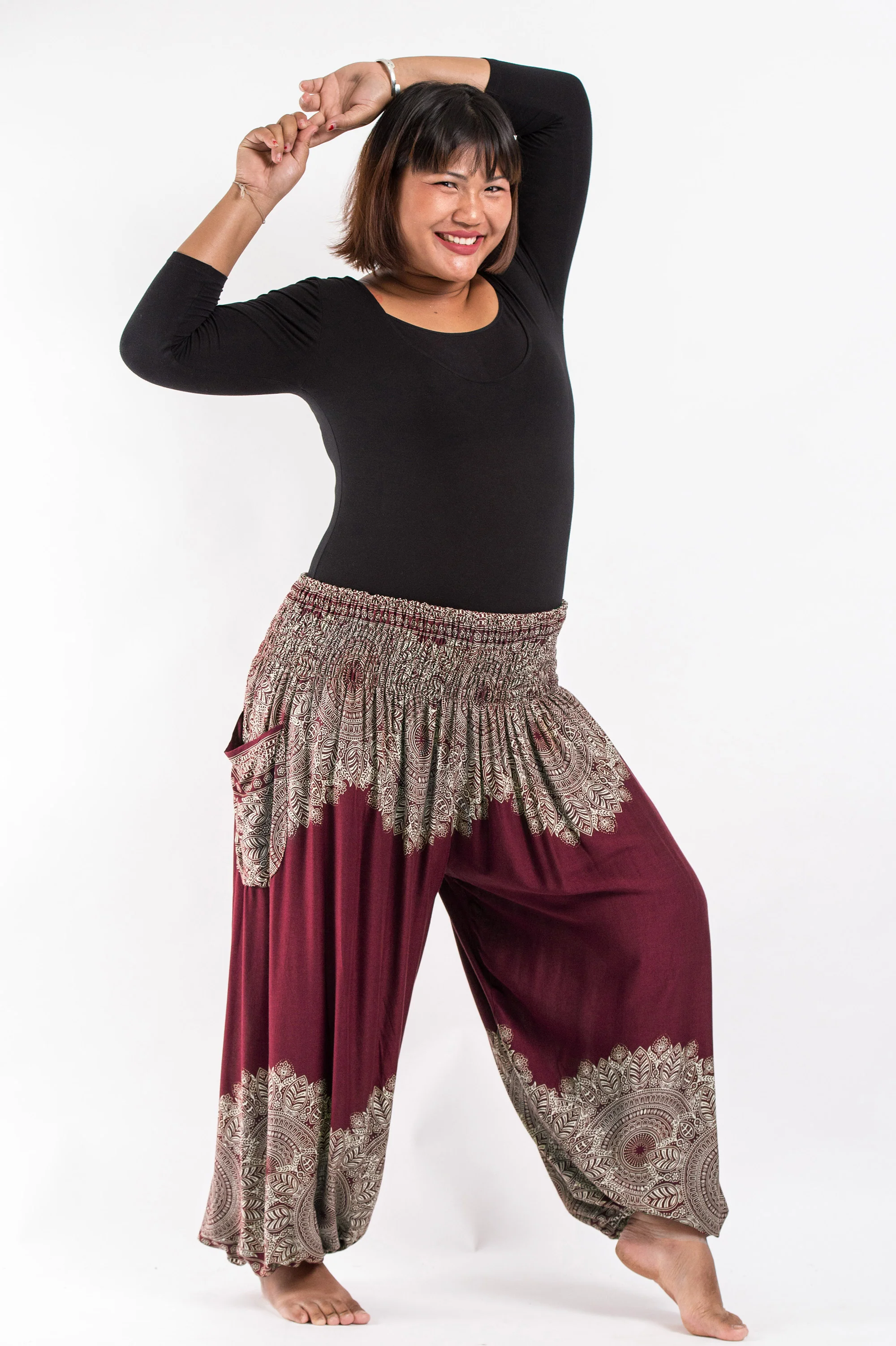 Plus Size Floral Mandalas Women's Harem Pants in Maroon