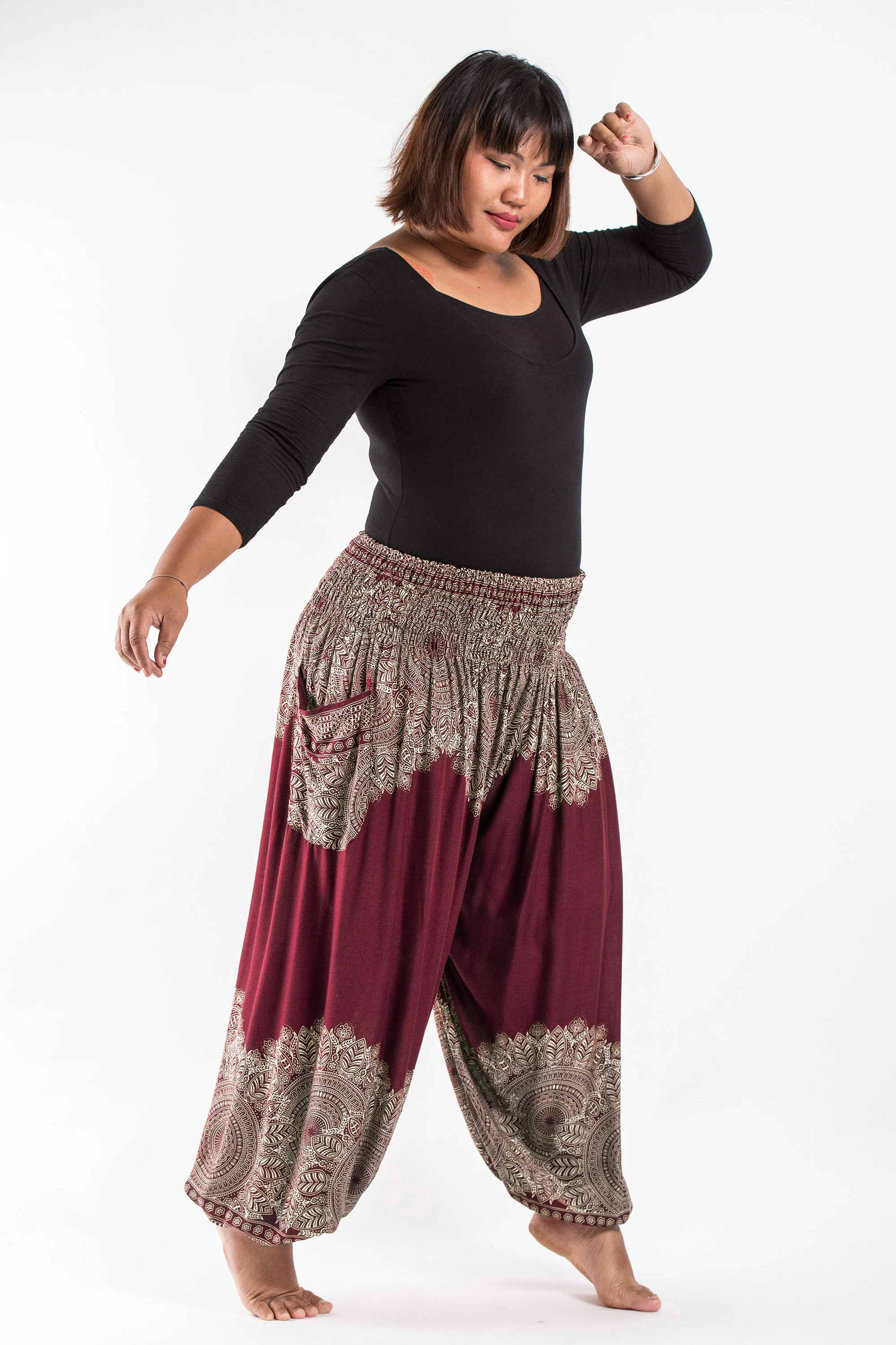 2438-Plus-Size-Floral-Mandalas-Women-s-Harem-Pants-in-Maroon-3.webp Plus Size Floral Mandalas Women's Harem Pants in Maroon