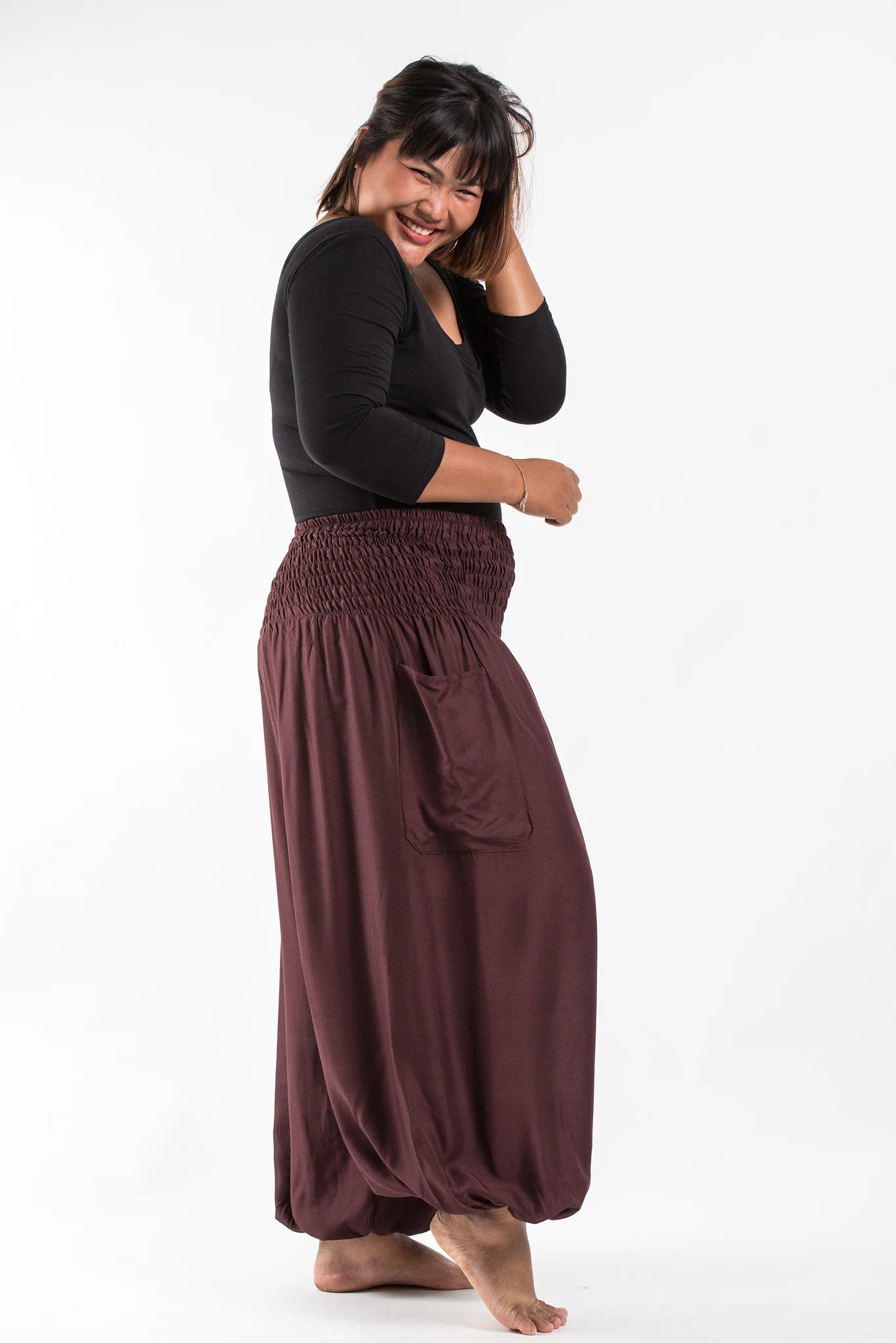 2439-Plus-Size-Solid-Color-Women-s-Harem-Pants-in-Brown-3.webp Plus Size Solid Color Women's Harem Pants in Brown