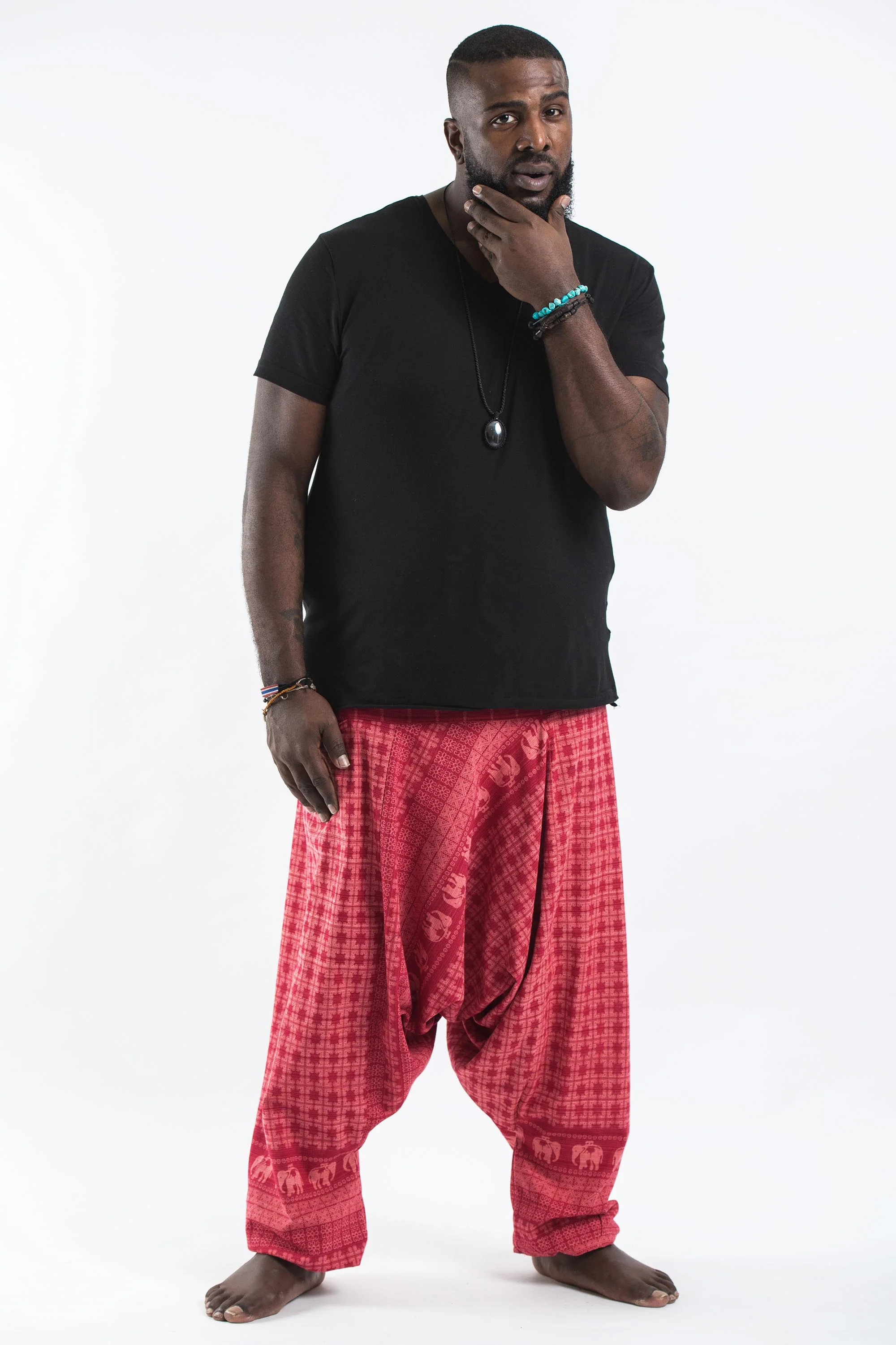 Plus Size Hill Tribe Elephant Men's Elephant Pants in Red