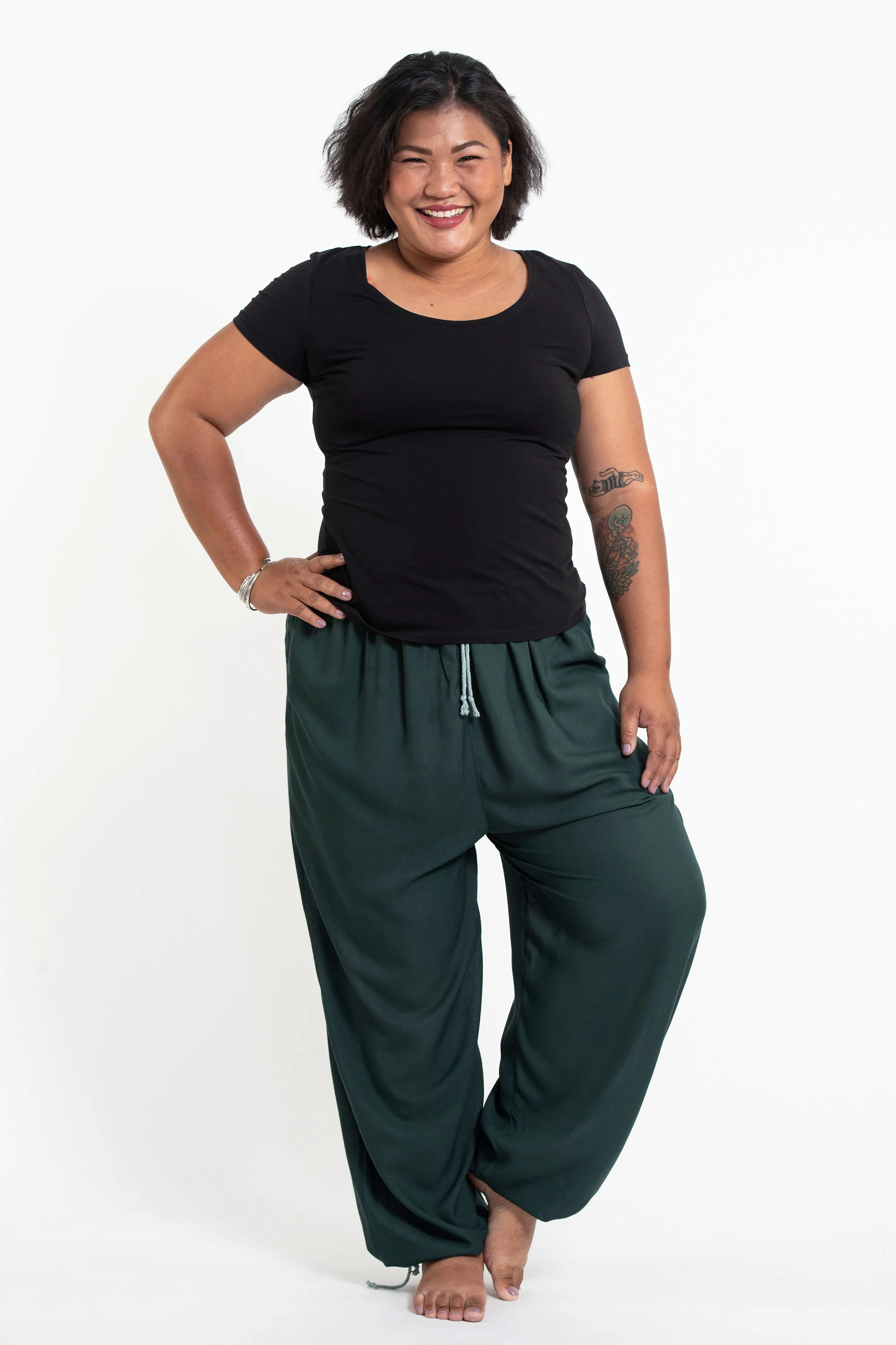 Plus Size Solid Color Drawstring Women's Yoga Massage Pants in Dark Teal