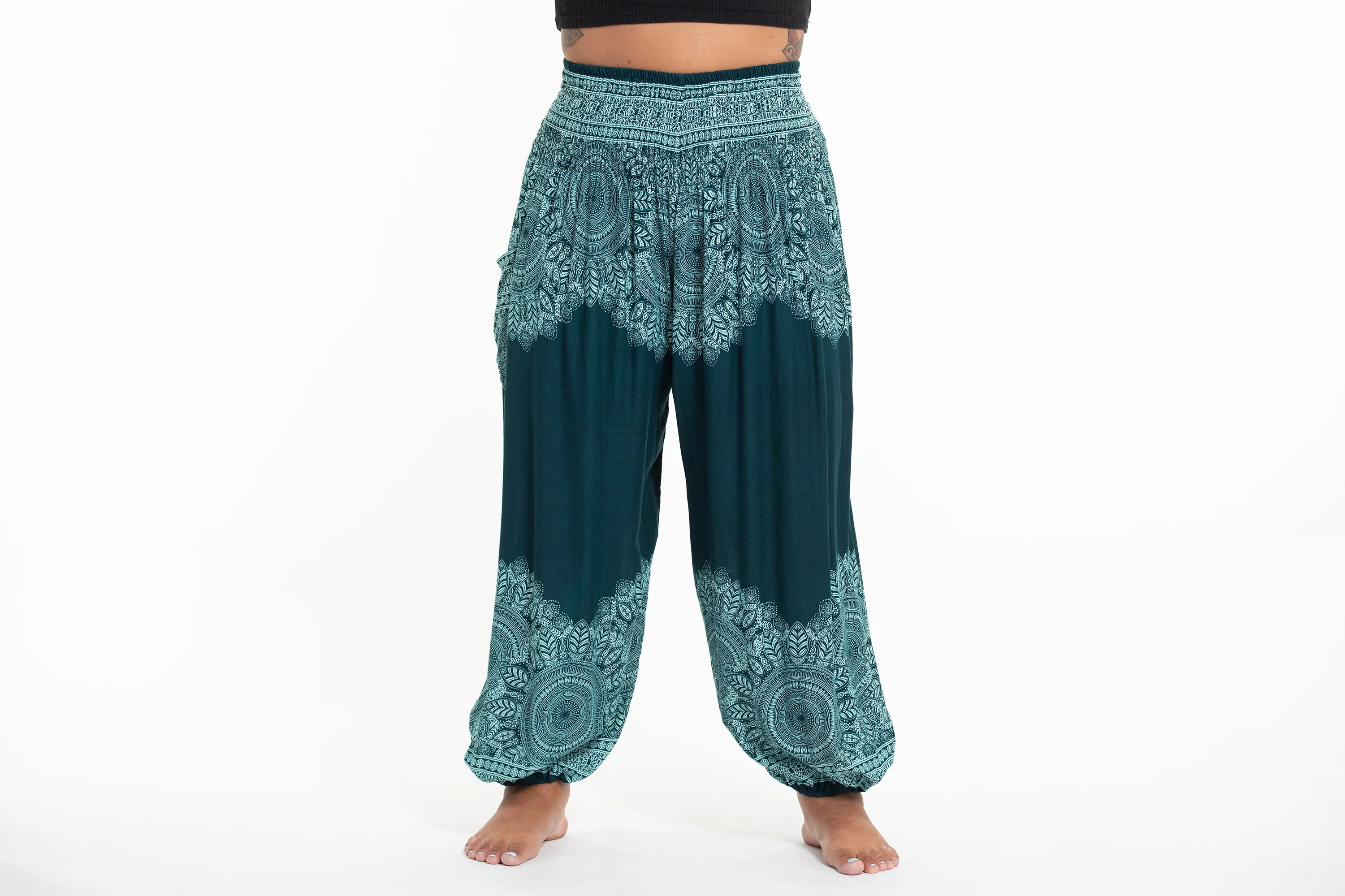 Plus Size Floral Mandalas Women's Harem Pants in Teal