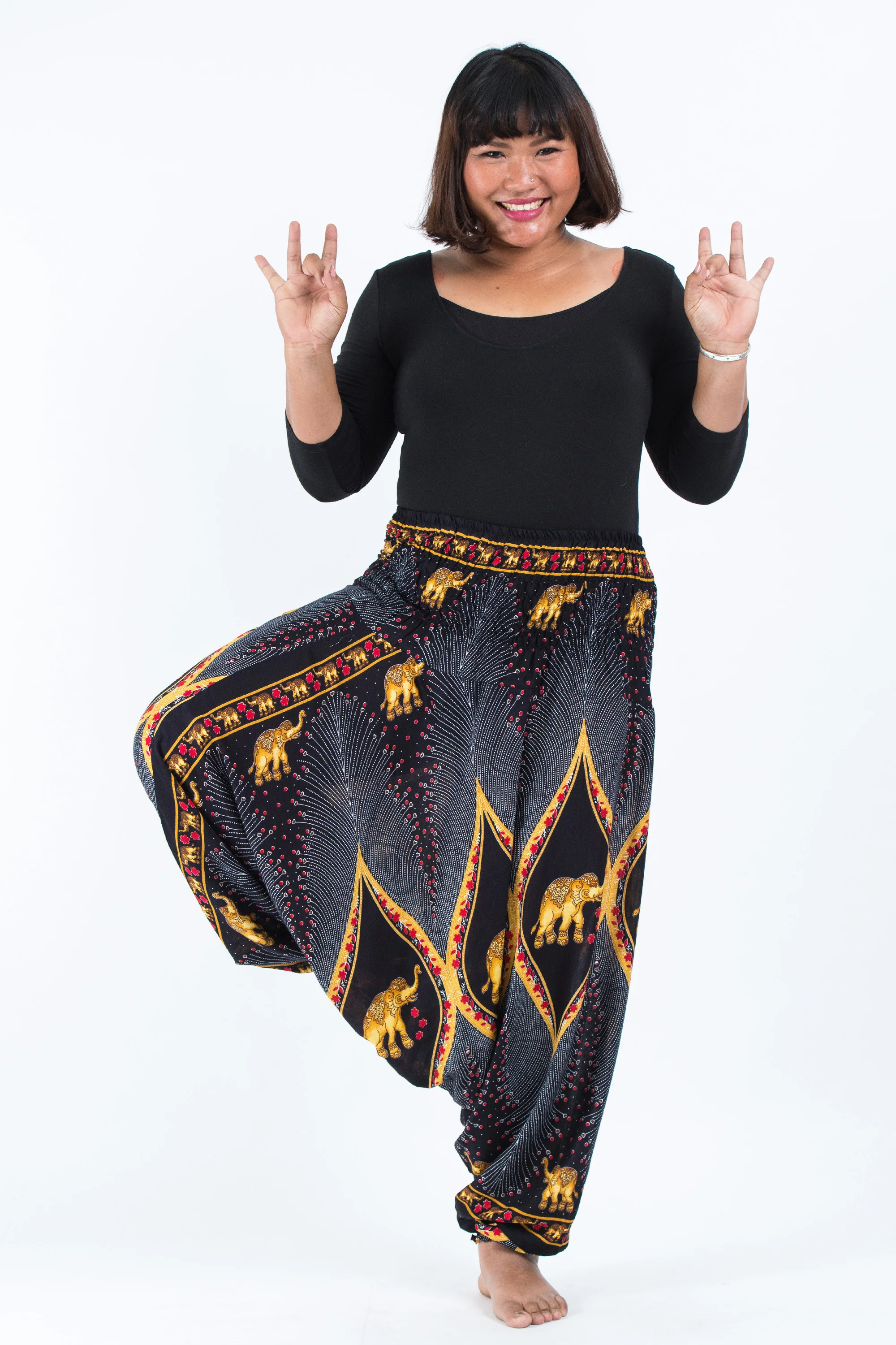 Plus Size Peacock Elephant 2-in-1 Jumpsuit Elephant Pants in Black