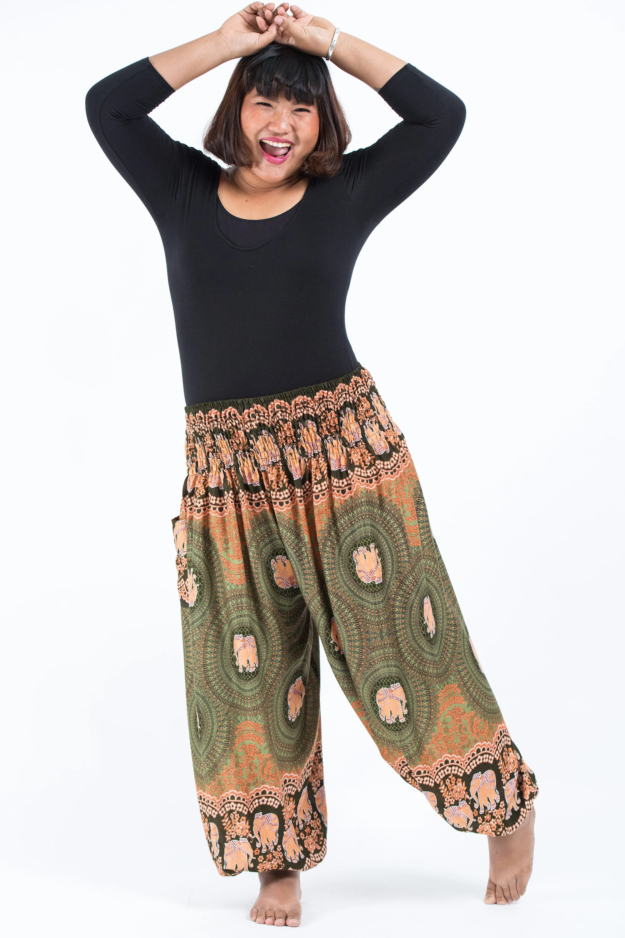 Plus Size Mandala Elephant Women's Elephant Pants in Olive