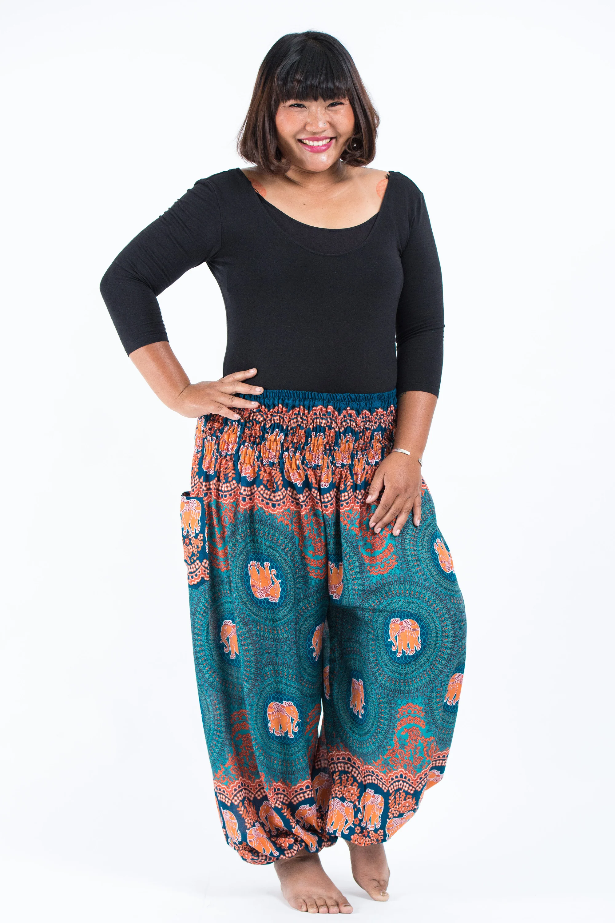 Plus Size Mandala Elephant Women's Elephant Pants in Turquoise
