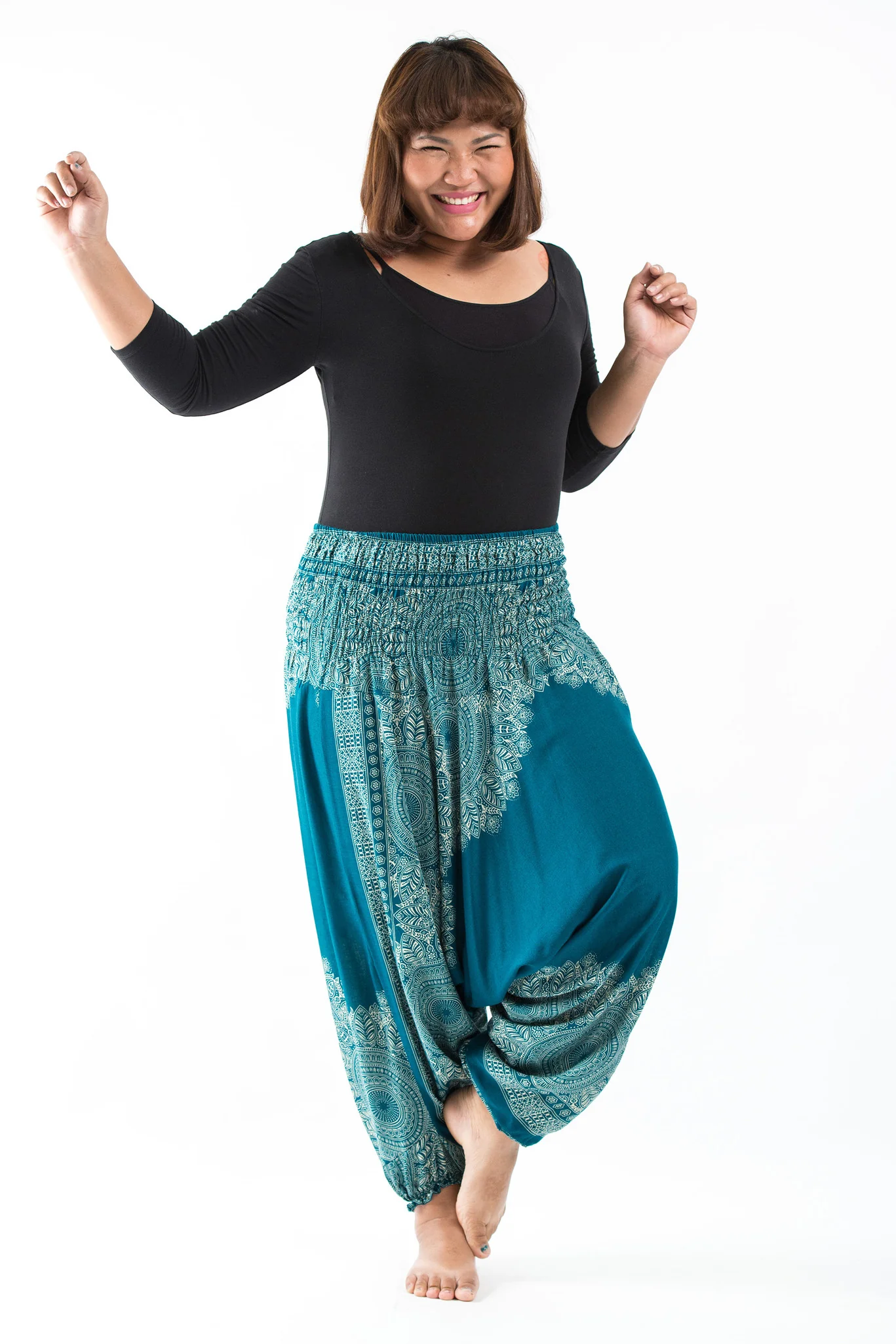 Plus Size Floral Mandalas 2-in-1 Jumpsuit Harem Pants in Turquoise