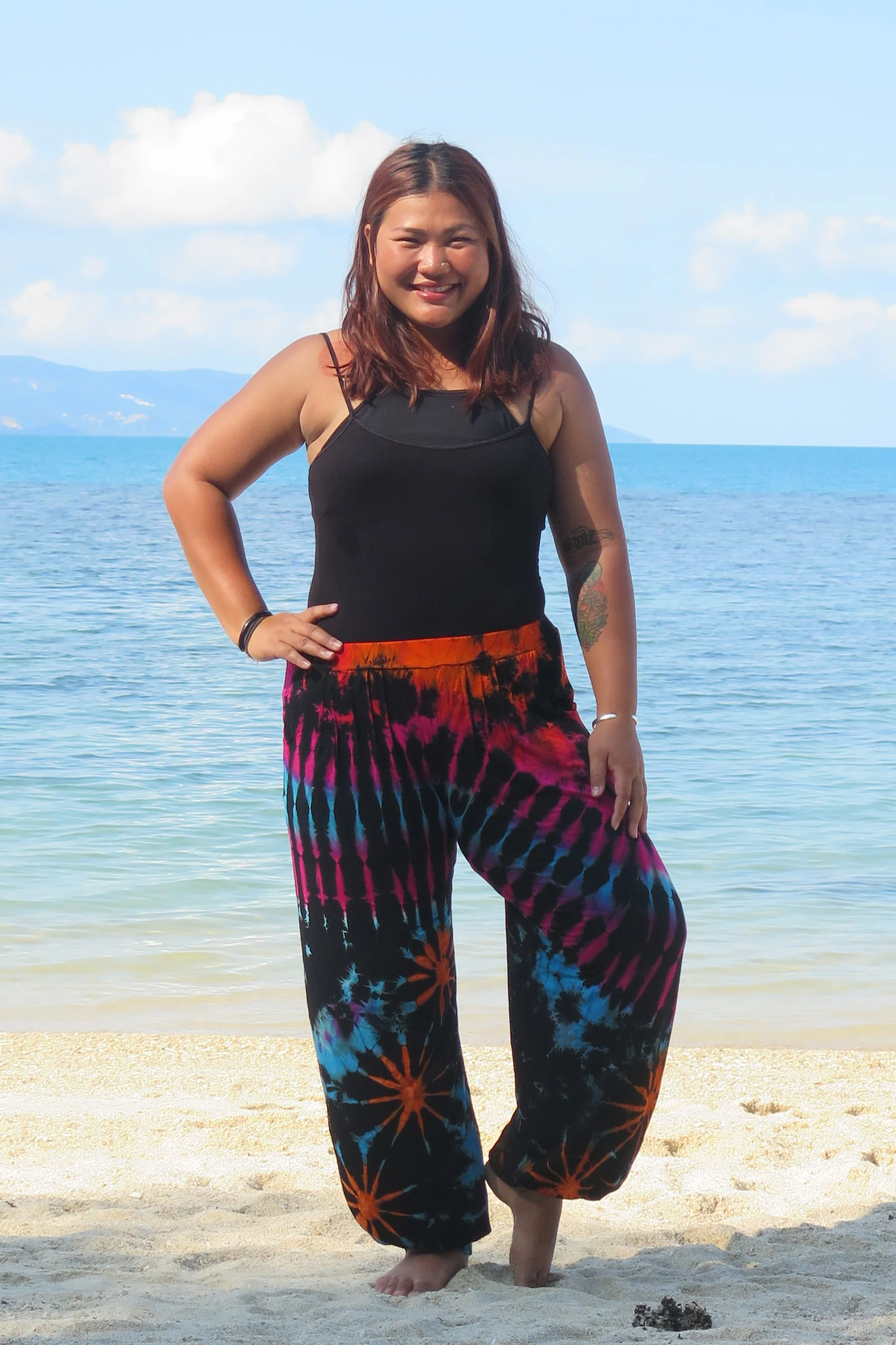Plus Size Tie Dye Cotton Women Harem Pants in Festival Black
