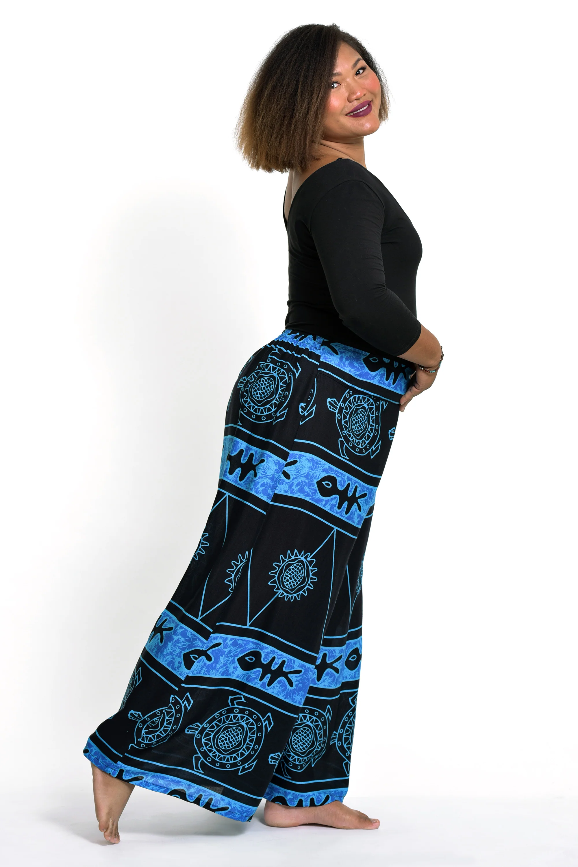 Plus Size Turtle Print Palazzo Style Harem Pants in Blue