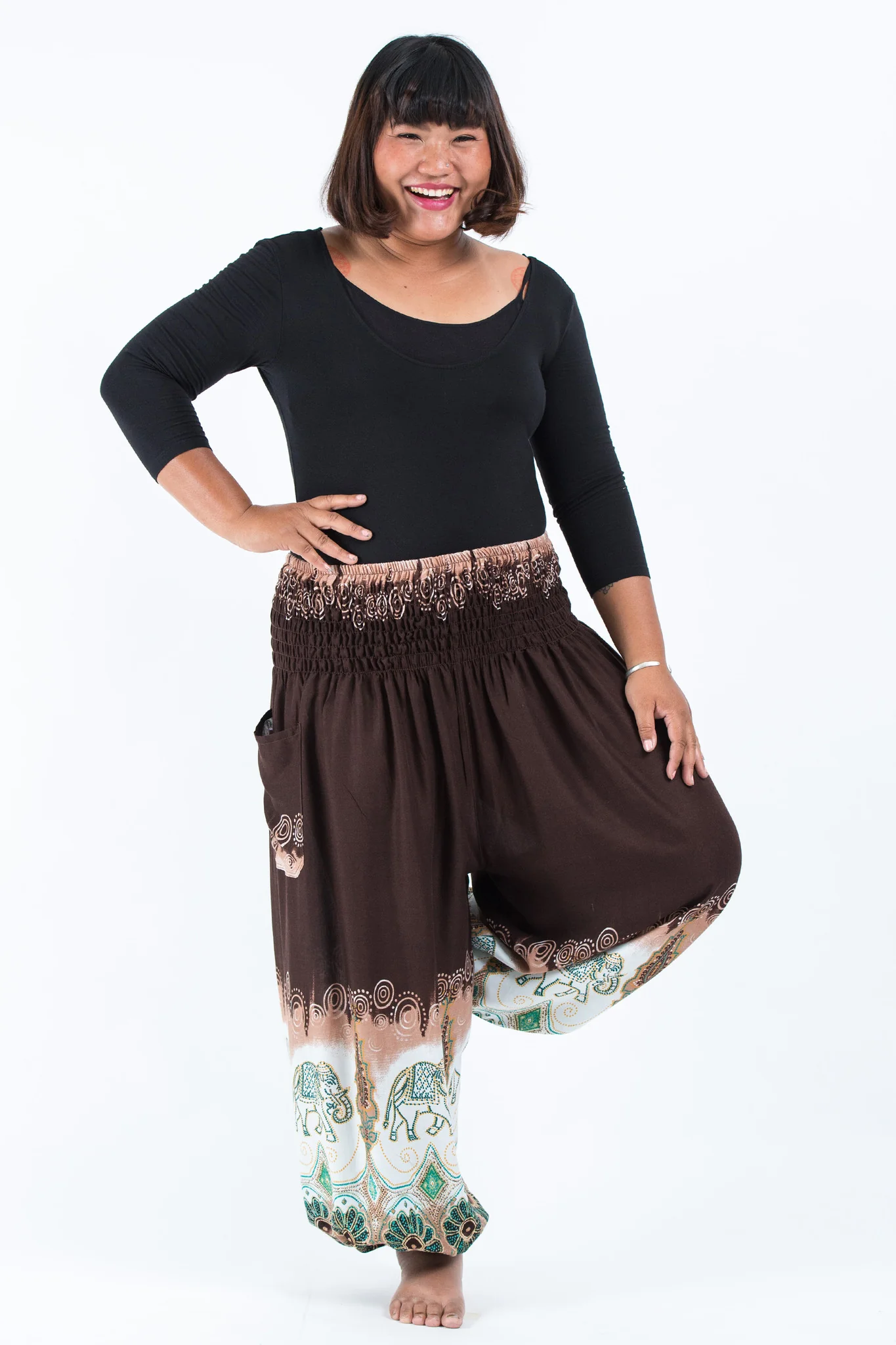 Plus Size Solid Top Elephant Women's Elephant Pants in Brown