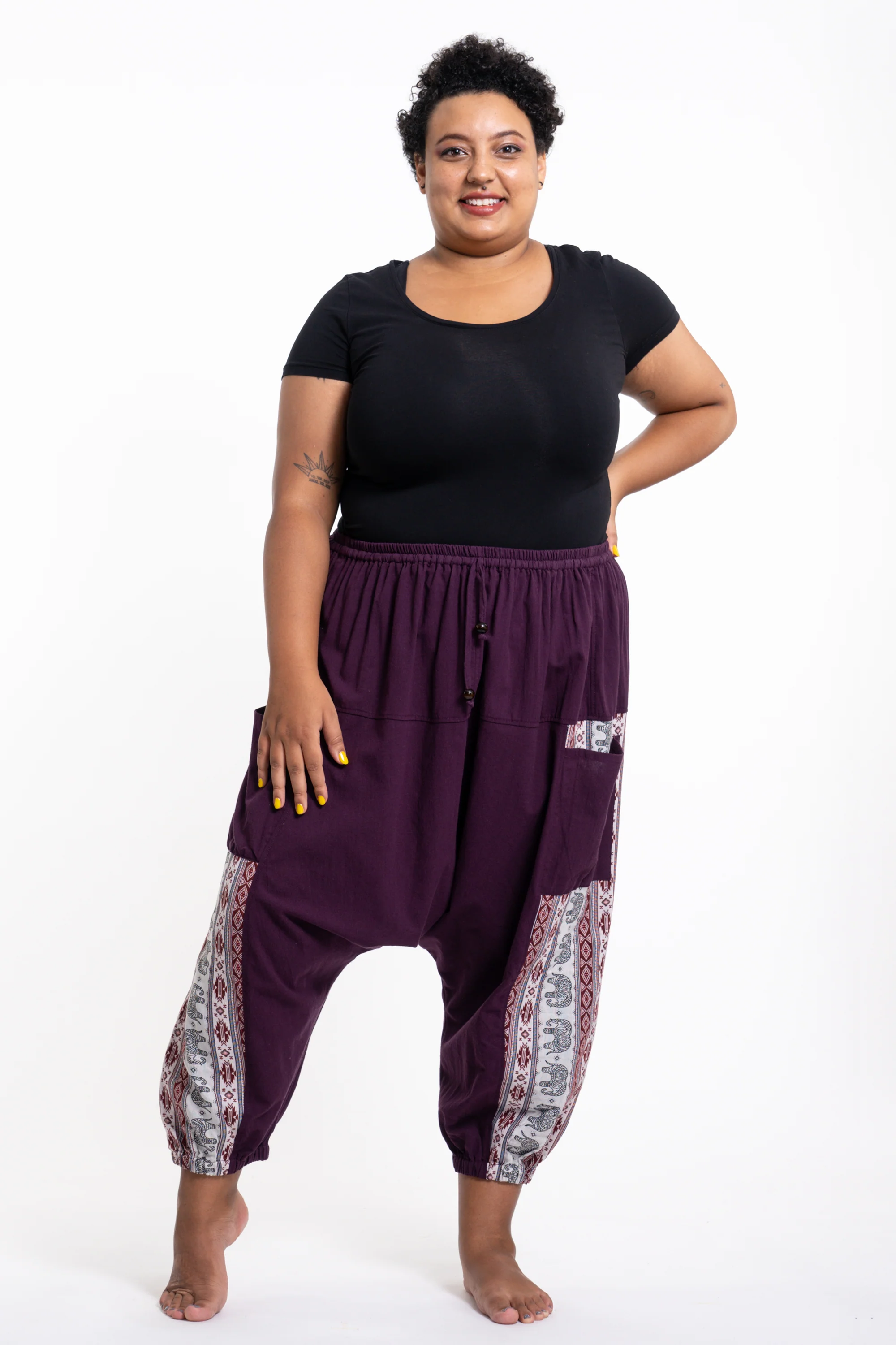 Plus Size Elephant Aztec Cotton Women's Harem Pants in Purple