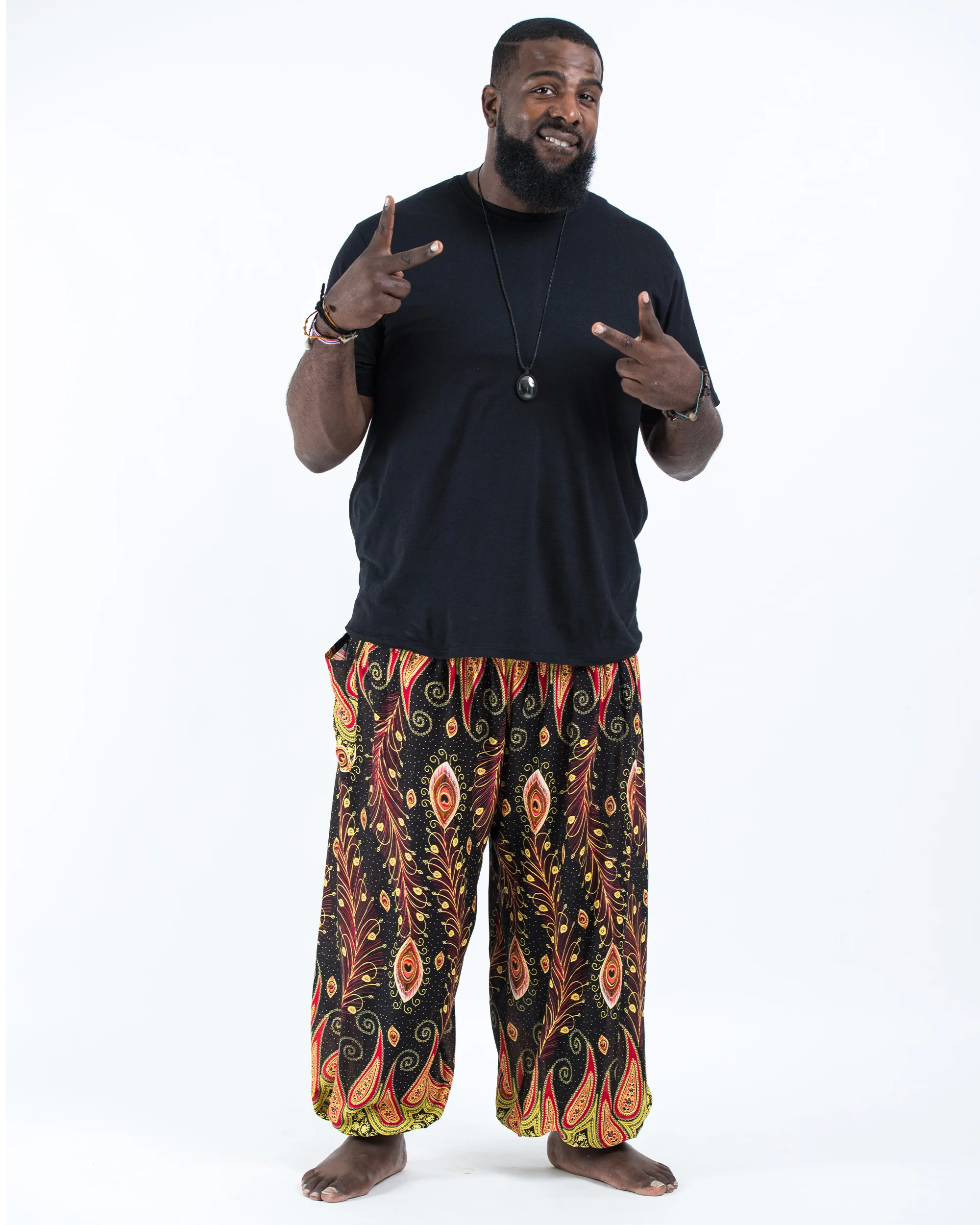 Plus Size Peacock Paisley Men's Harem Pants in Black