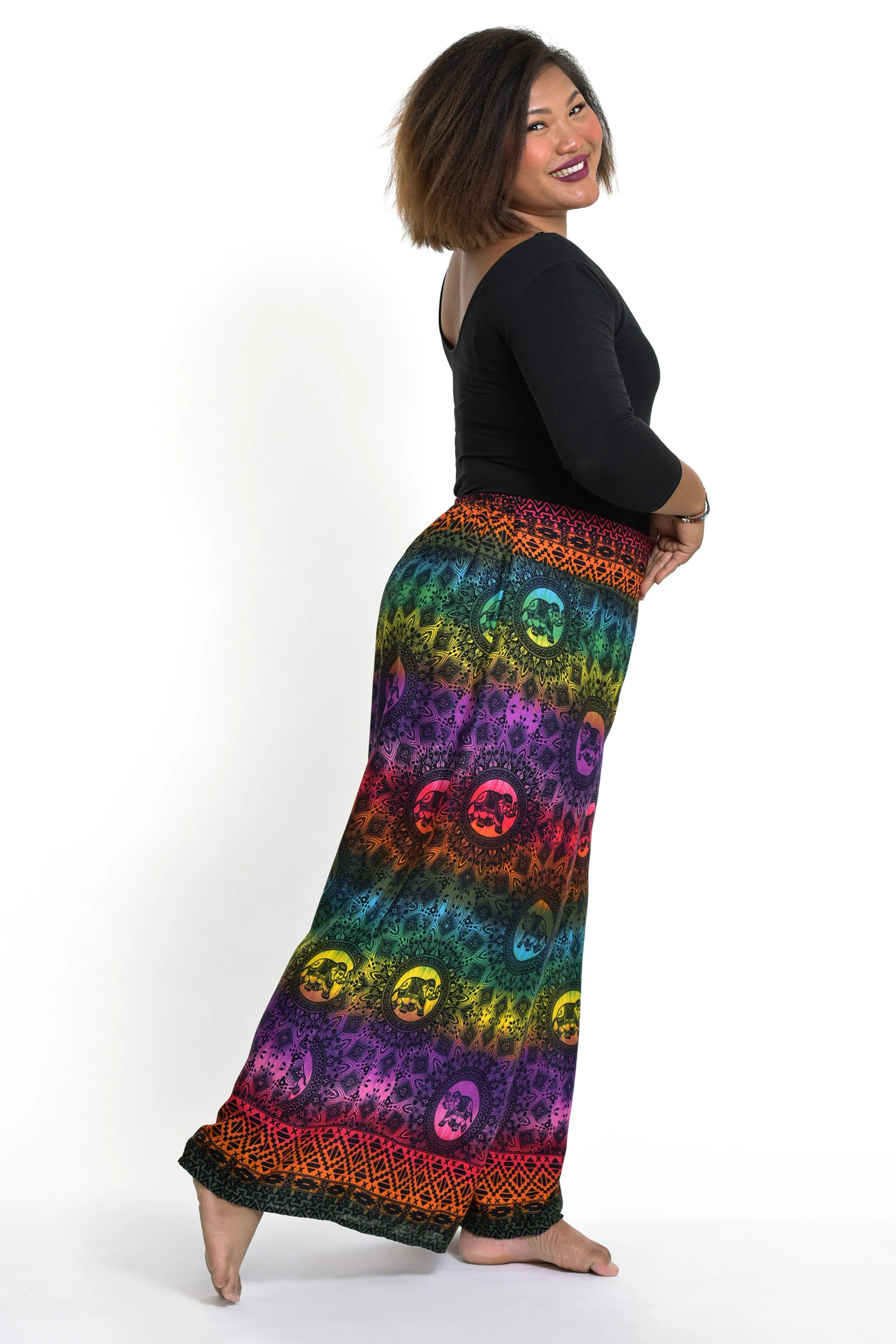 Plus Size Rainbow Elephant Palazzo Style Elephant Pants in Purple