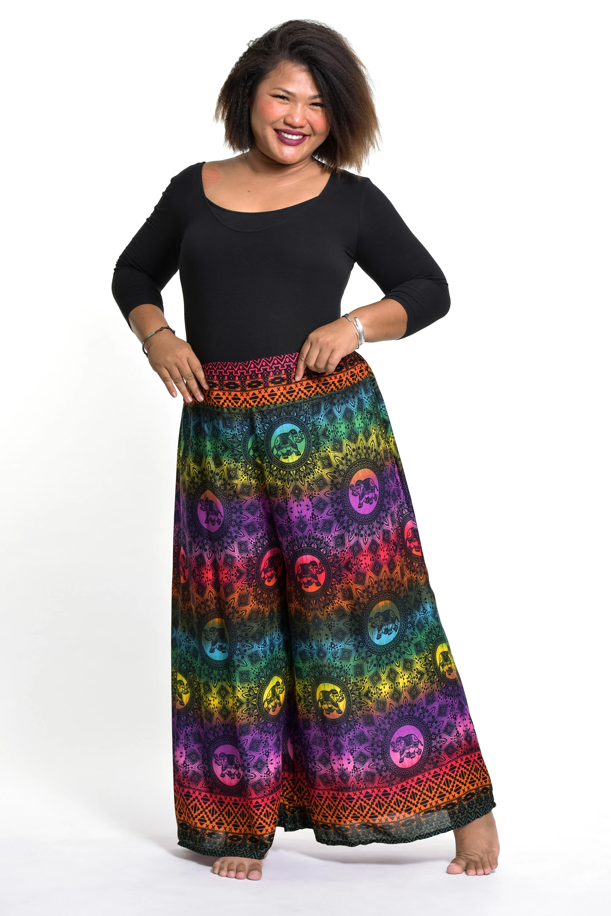 Plus Size Rainbow Elephant Palazzo Style Elephant Pants in Purple
