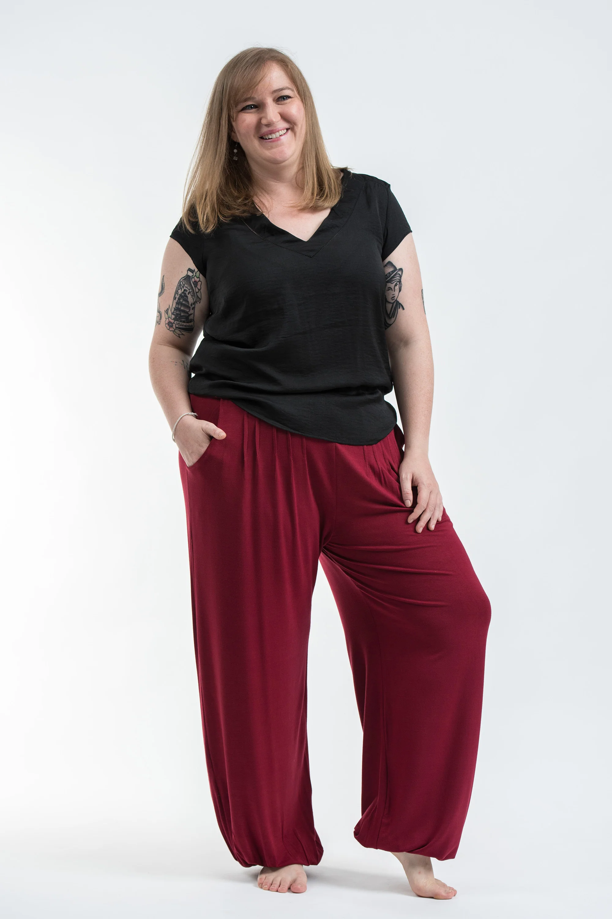Plus Size Cotton Women Harem Pants in Solid Red