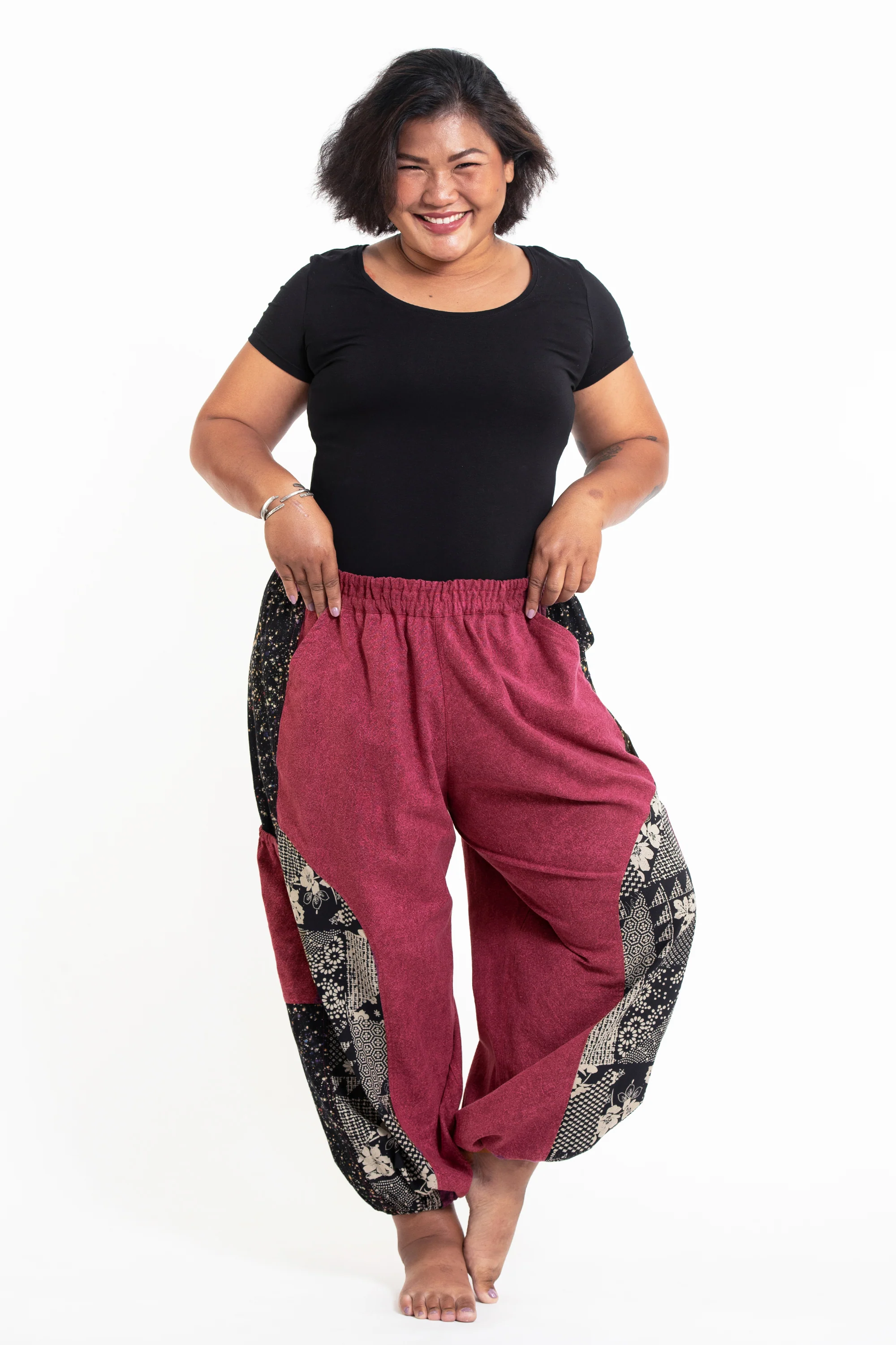Plus Size Stone Washed Patchwork Women Unisex Pants in Red