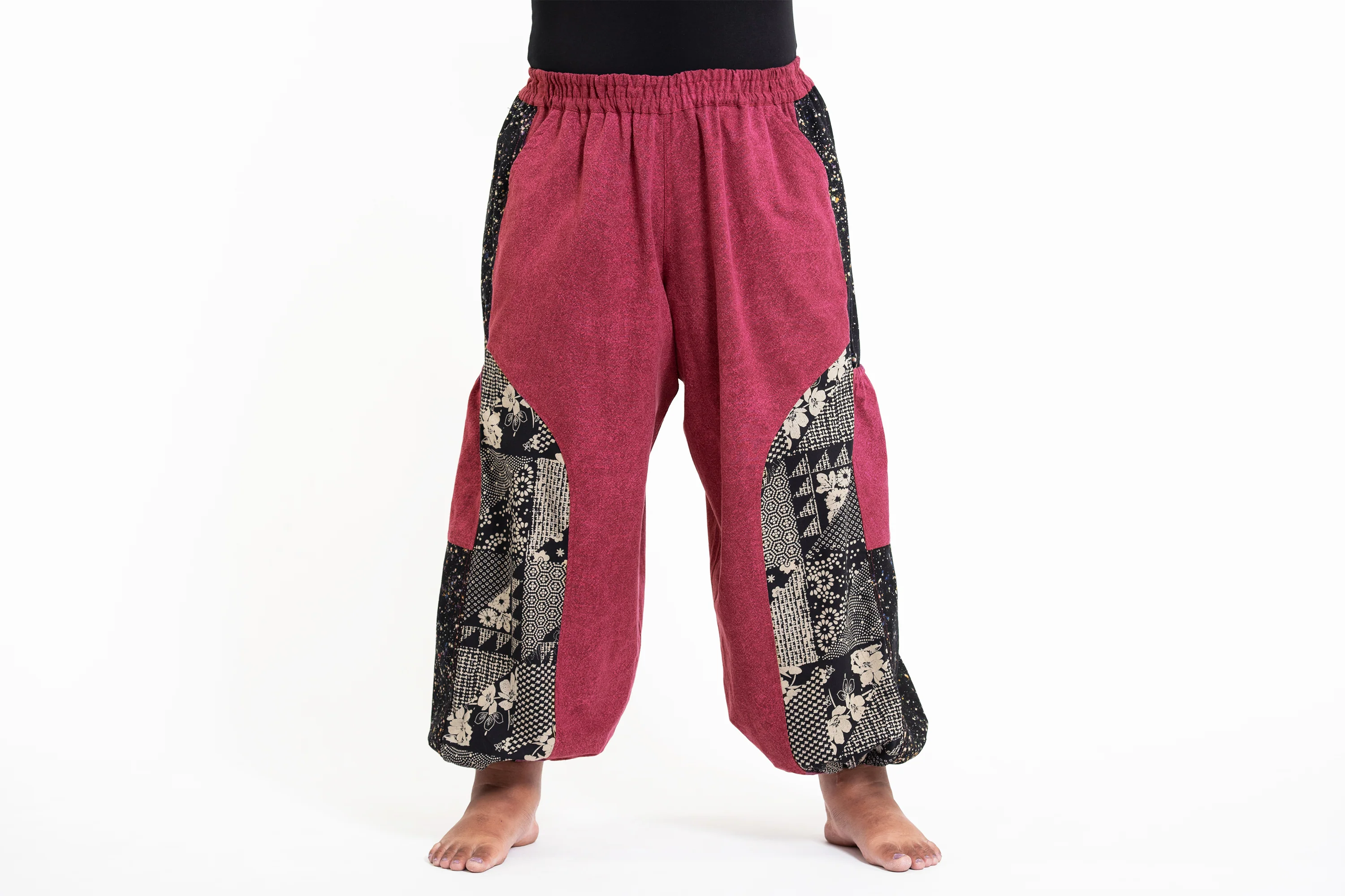 Plus Size Stone Washed Patchwork Women Unisex Pants in Red