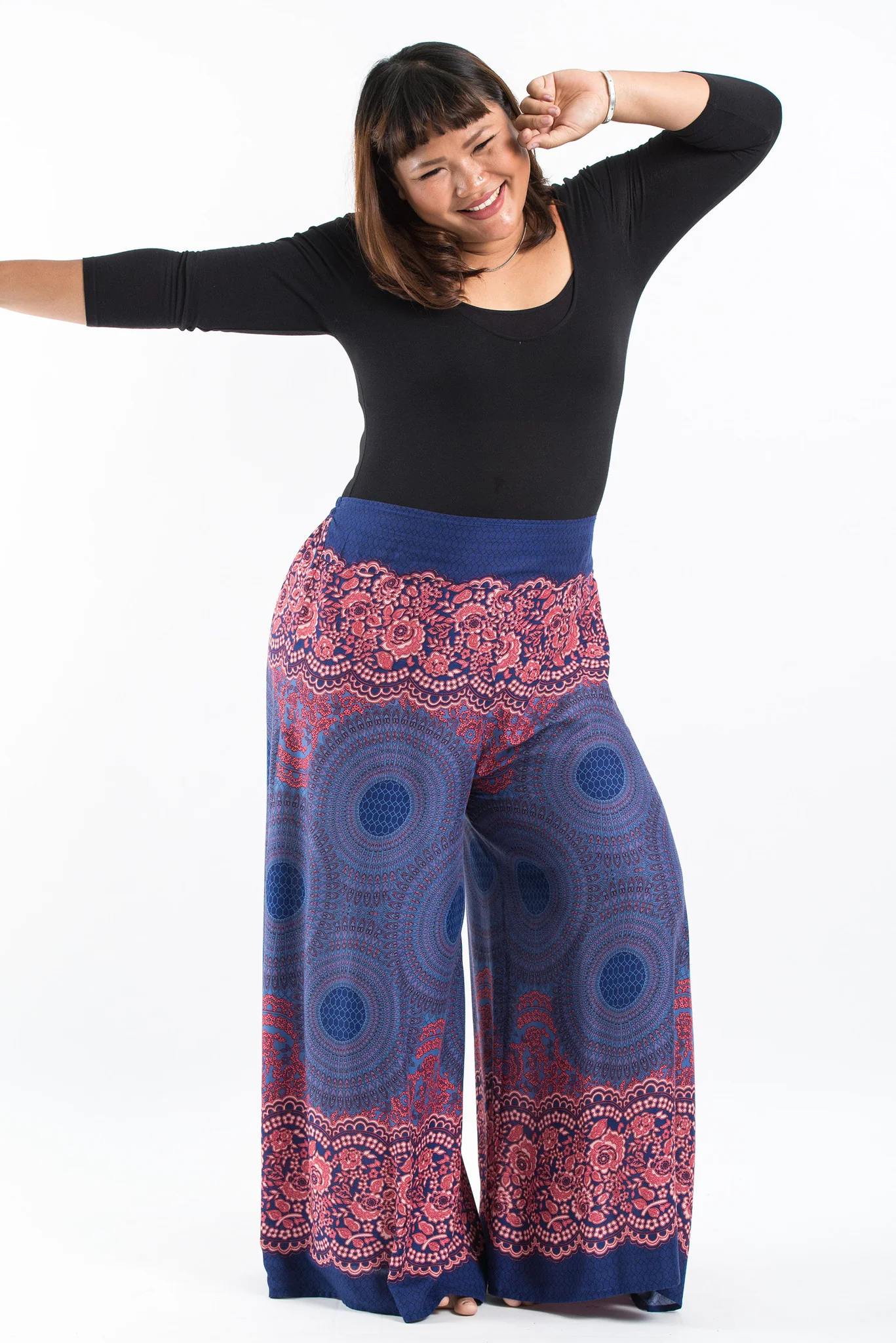 Plus Size Geometric Mandalas Palazzo Style Harem Pants in Blue