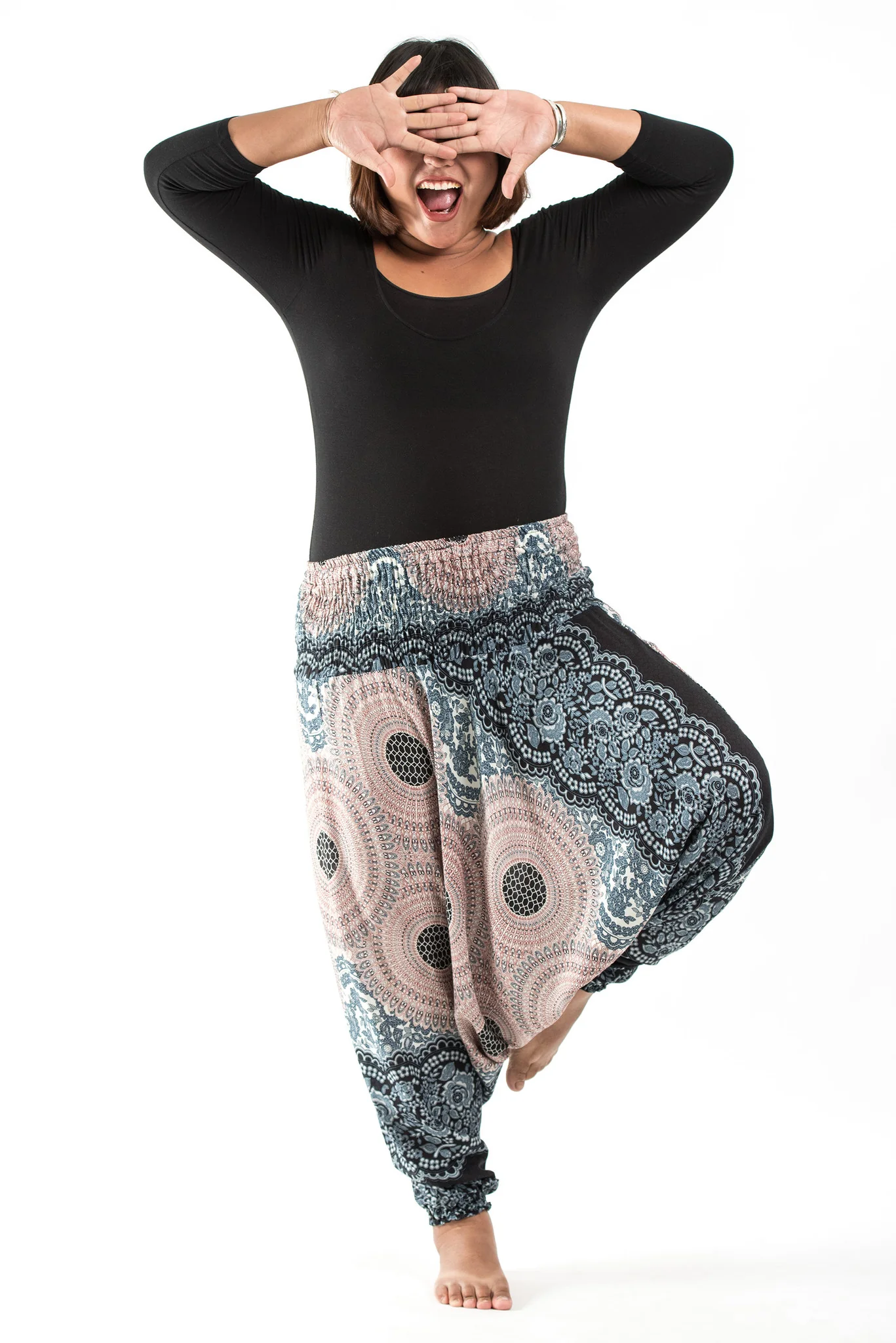 Plus Size Geometric Mandalas 2-in-1 Jumpsuit Harem Pants in Silver Gray