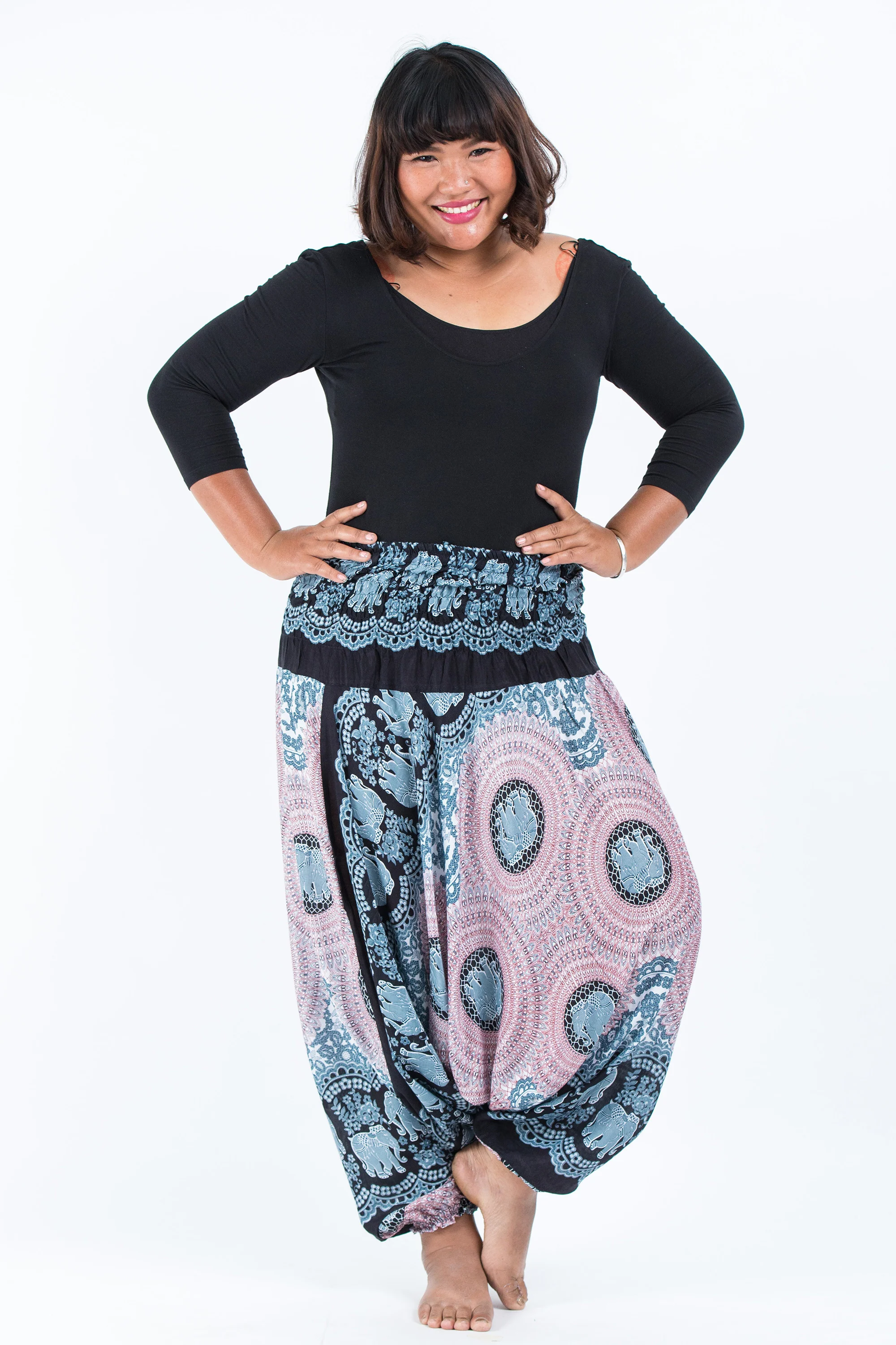 Plus Size Mandala Elephant 2-in-1 Jumpsuit Elephant Pants in Silver Gray