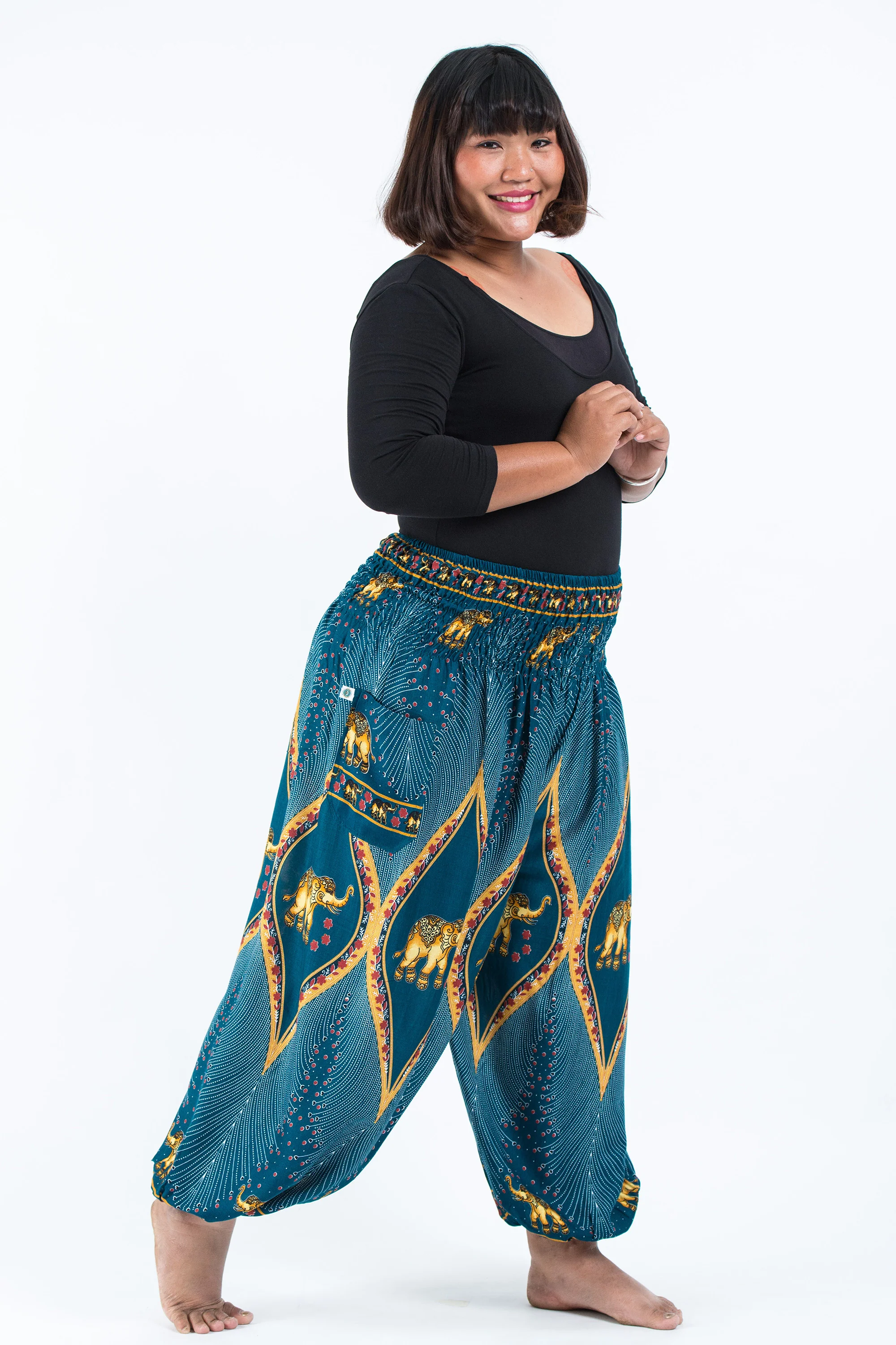 2476-Plus-Size-Peacock-Elephant-Women-s-Elephant-Pants-in-Turquoise-3.webp Plus Size Peacock Elephant Women's Elephant Pants in Turquoise
