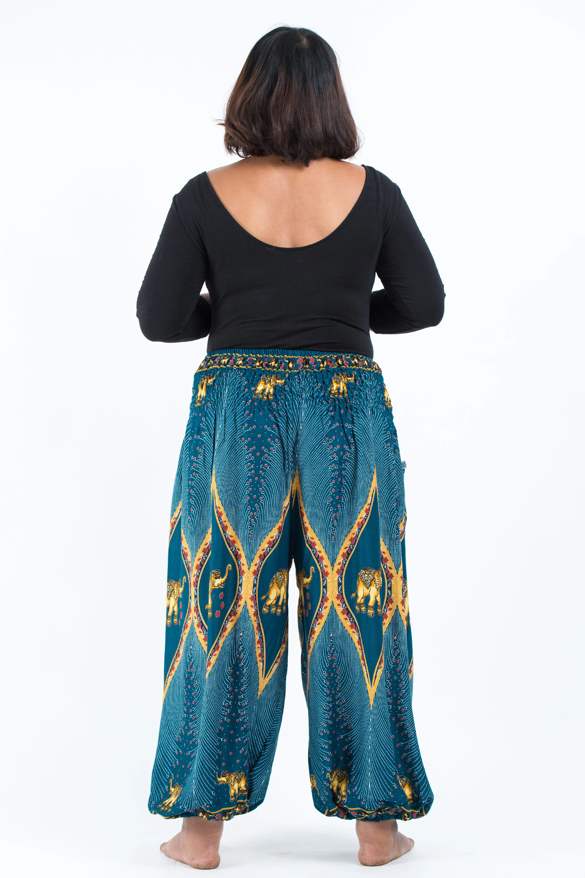 2476-Plus-Size-Peacock-Elephant-Women-s-Elephant-Pants-in-Turquoise-4.webp Plus Size Peacock Elephant Women's Elephant Pants in Turquoise