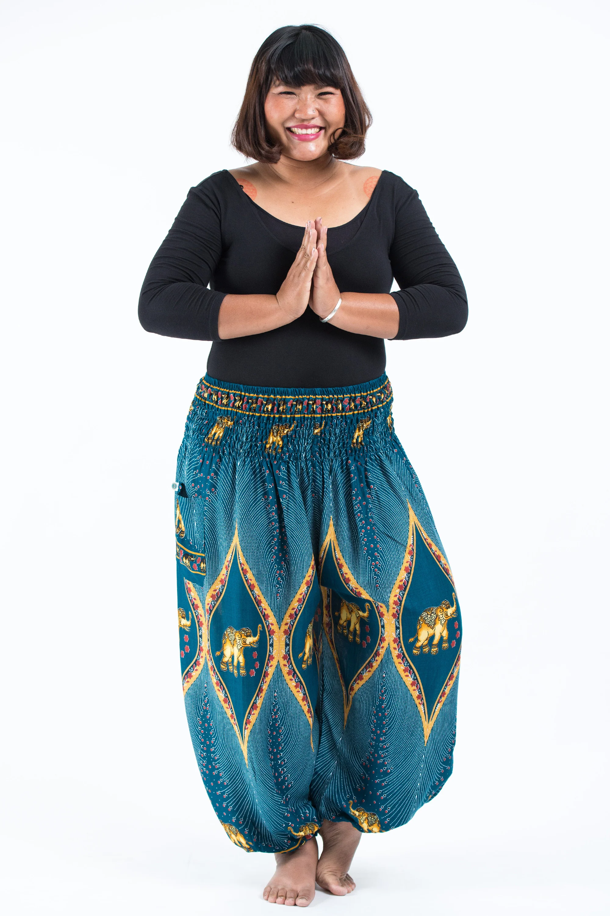 2476-Plus-Size-Peacock-Elephant-Women-s-Elephant-Pants-in-Turquoise-5.webp Plus Size Peacock Elephant Women's Elephant Pants in Turquoise