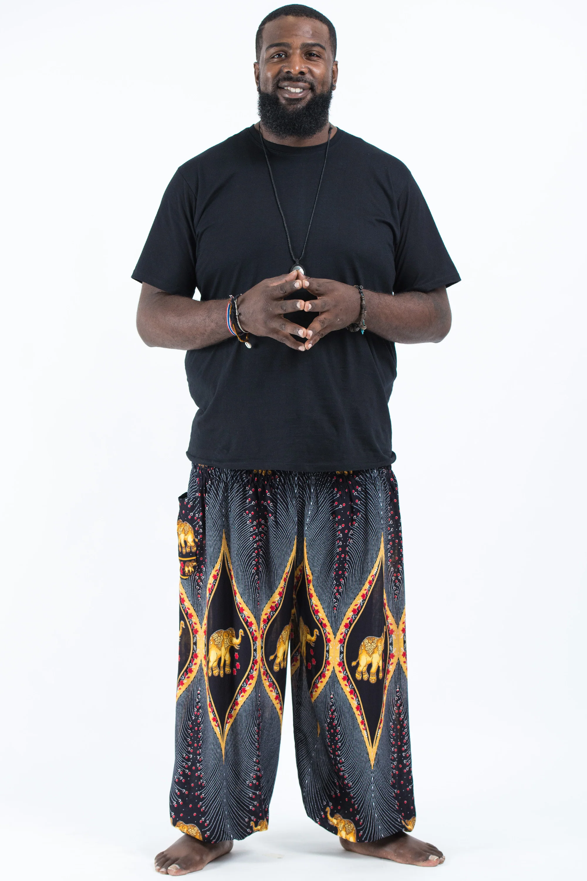 Plus Size Peacock Elephant Men's Elephant Pants in Black