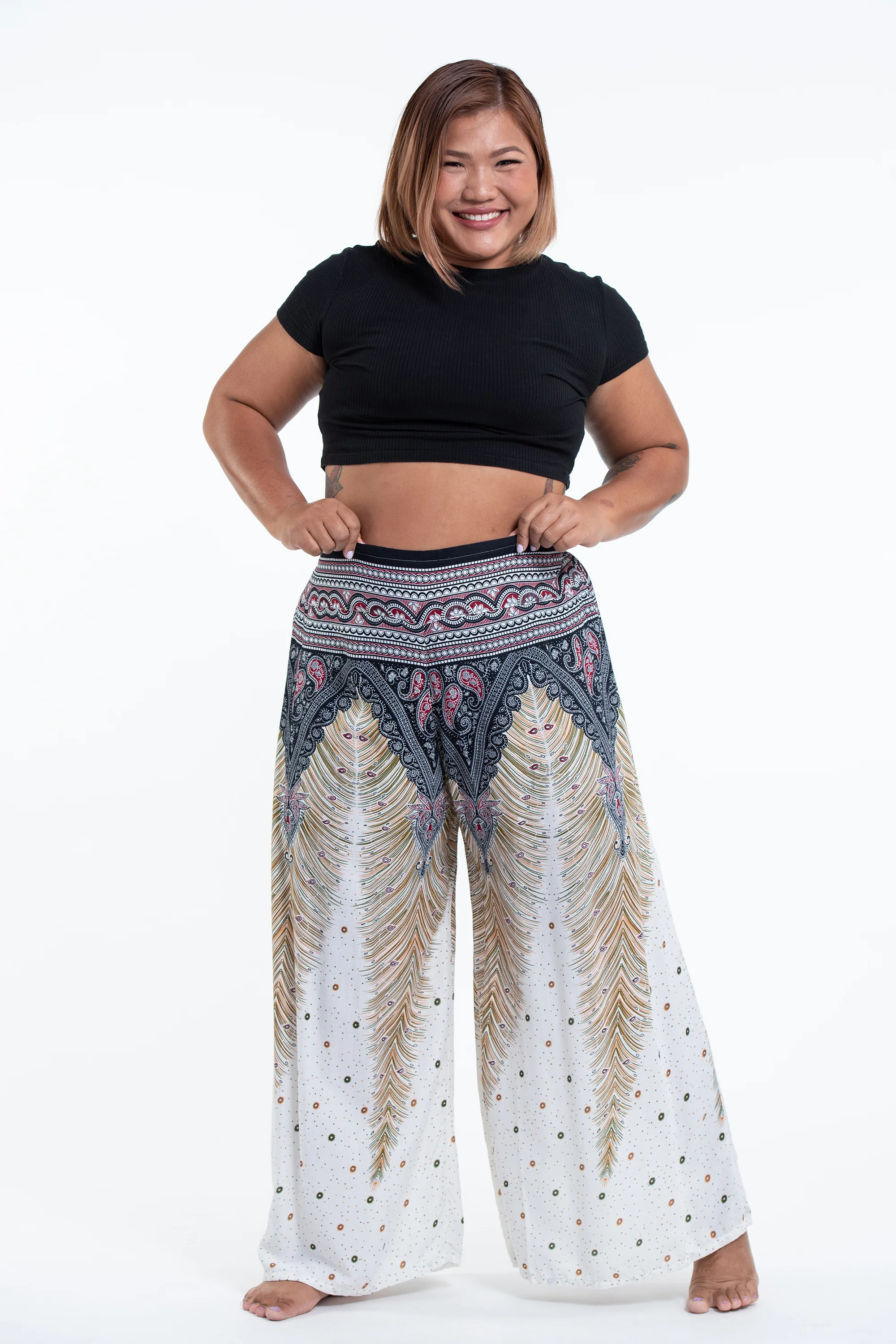 Plus Size Peacock Feathers Palazzo Style Harem Pants in White