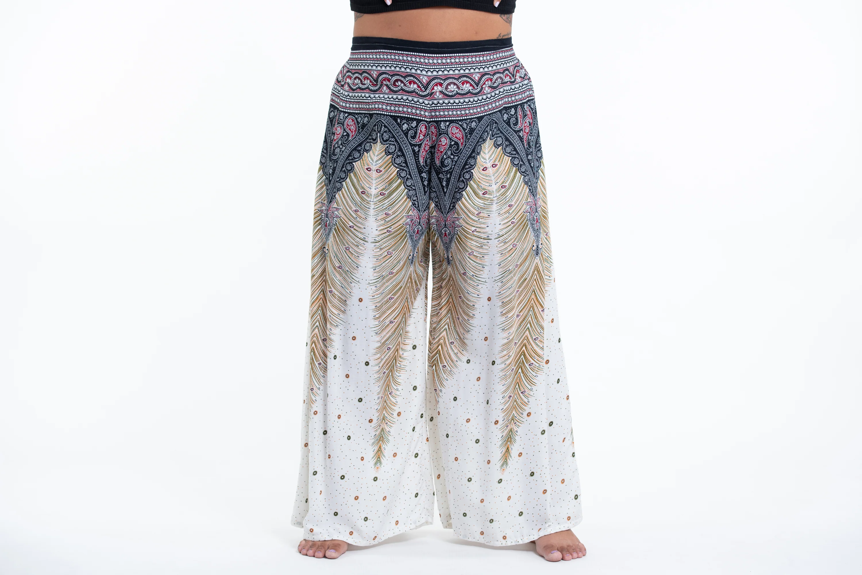 Plus Size Peacock Feathers Palazzo Style Harem Pants in White