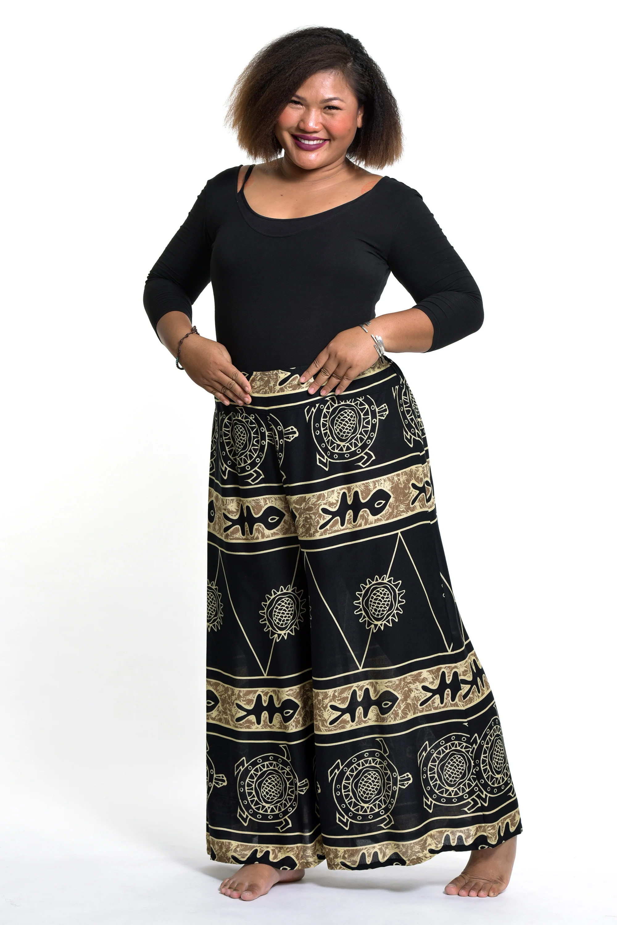 Plus Size Turtle Print Palazzo Style Harem Pants in Gold