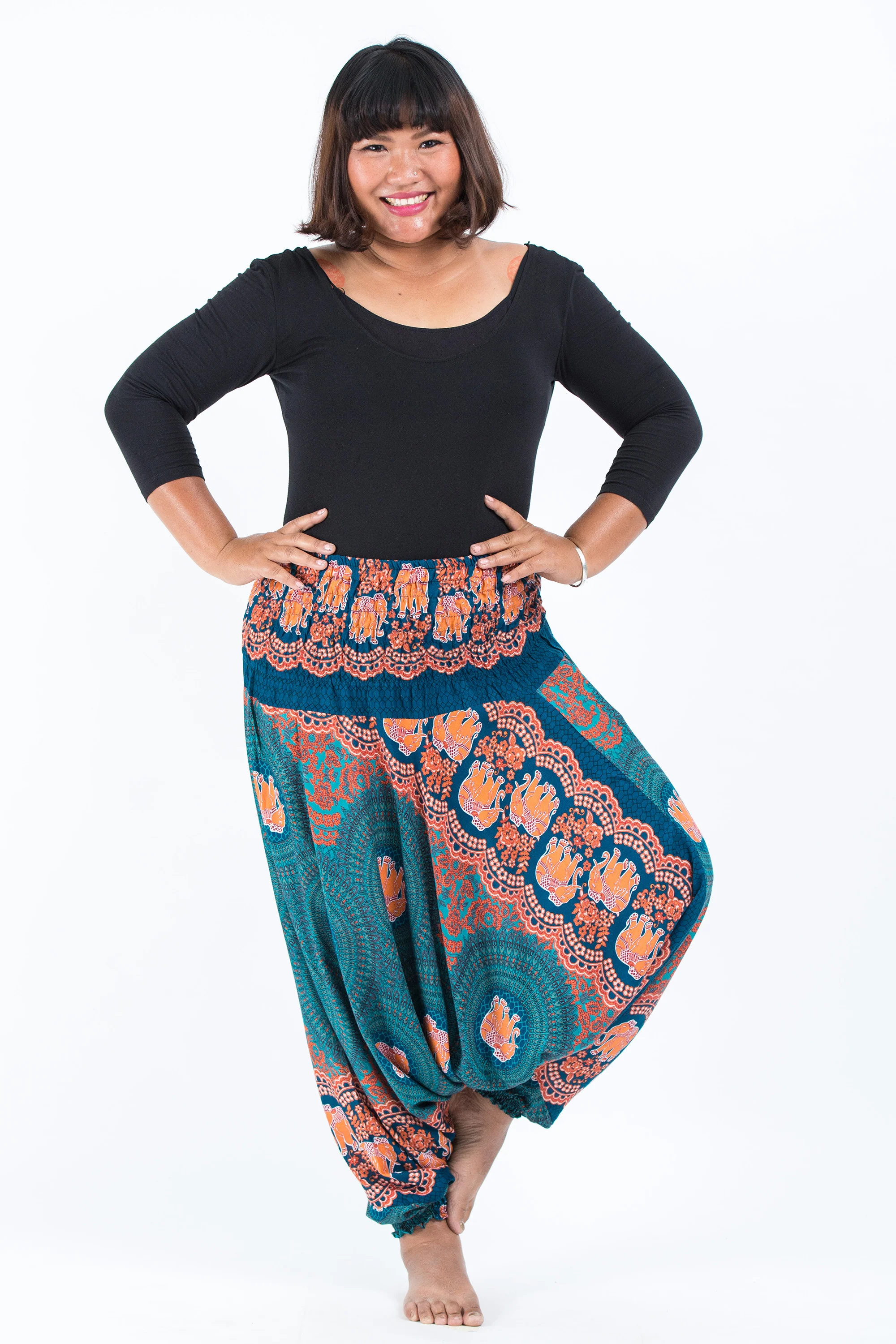 Plus Size Mandala Elephant 2-in-1 Jumpsuit Elephant Pants in Turquoise